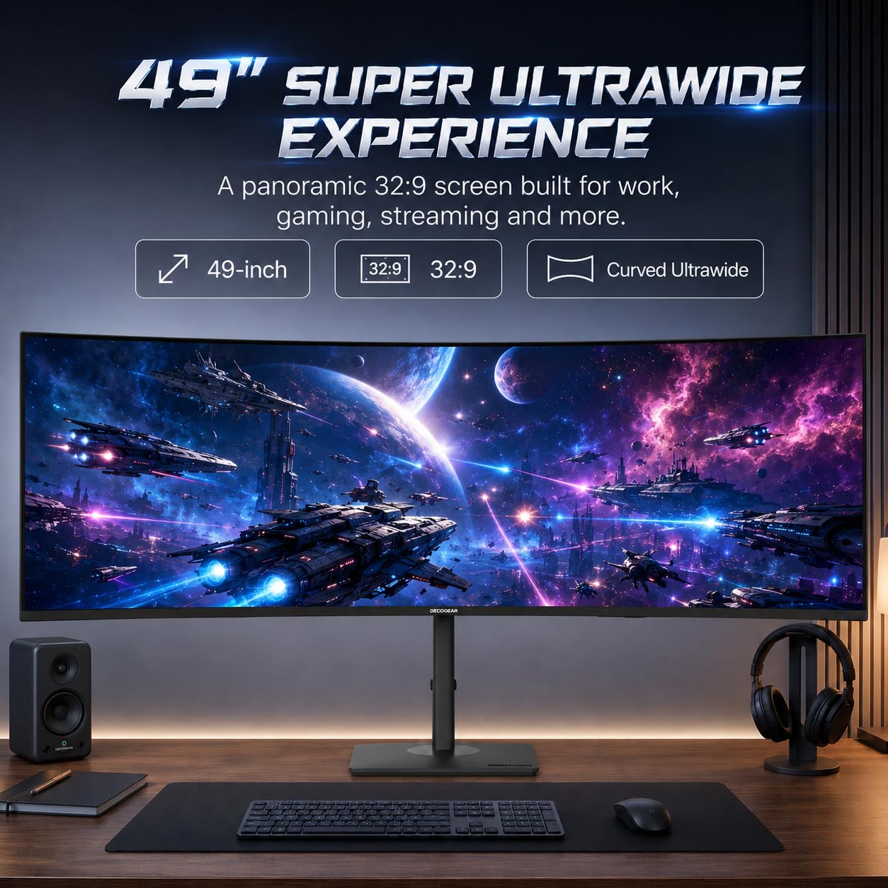 Deco Gear 49 Inch Curved Monitor, 3840x1080 Ultrawide Gaming WDFHD Screen, 144Hz, 32:9, 3ms, 3000:1 VA Display, HDR400, Adaptive Sync, USB-C 65W, HDMI, PIP/PBP, KVM, 1800R, Office & Workstation Setup