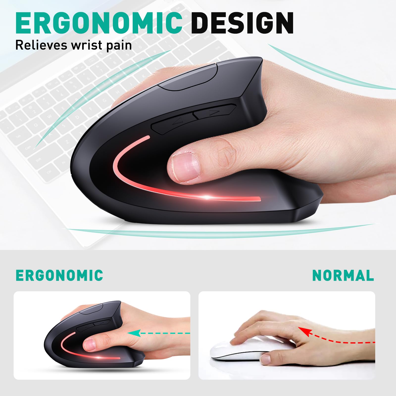 JYKEYMOUT Bluetooth and 2.4G (2-in-1) Rechargeable Wireless Mouse, Ergonomic Vertical Design, 1000/1200/1600 DPI, 6 Silent Buttons, for Laptop, Computer, PC, MacBook, Chromebook-Black