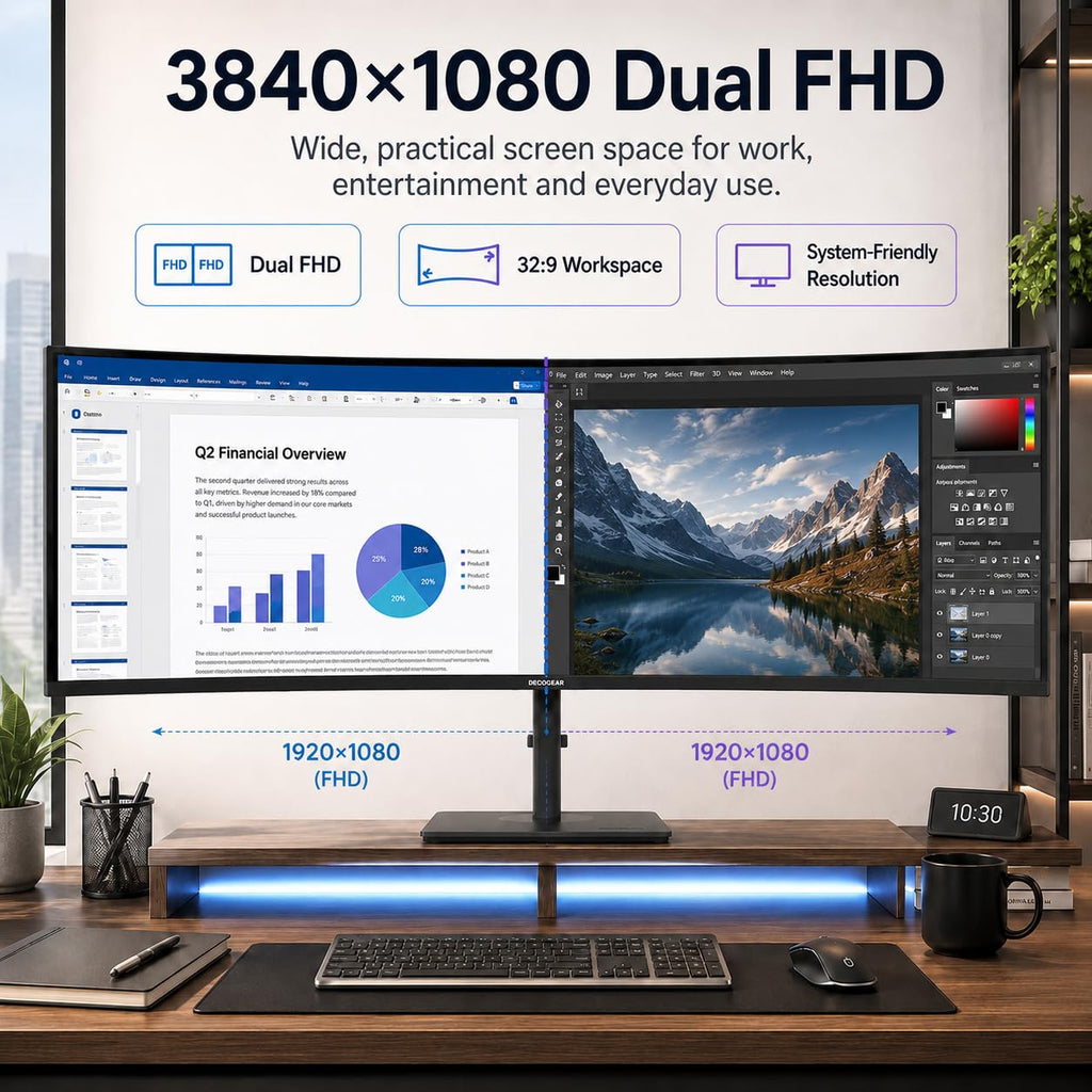 Deco Gear 49 Inch Curved Monitor, 3840x1080 Ultrawide Gaming WDFHD Screen, 144Hz, 32:9, 3ms, 3000:1 VA Display, HDR400, Adaptive Sync, USB-C 65W, HDMI, PIP/PBP, KVM, 1800R, Office & Workstation Setup