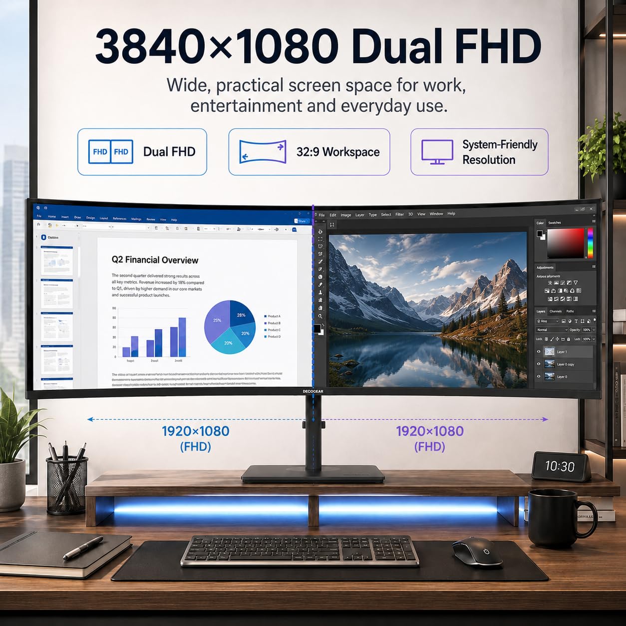 Deco Gear 49 Inch Curved Monitor, 3840x1080 Ultrawide Gaming WDFHD Screen, 144Hz, 32:9, 3ms, 3000:1 VA Display, HDR400, Adaptive Sync, USB-C 65W, HDMI, PIP/PBP, KVM, 1800R, Office & Workstation Setup
