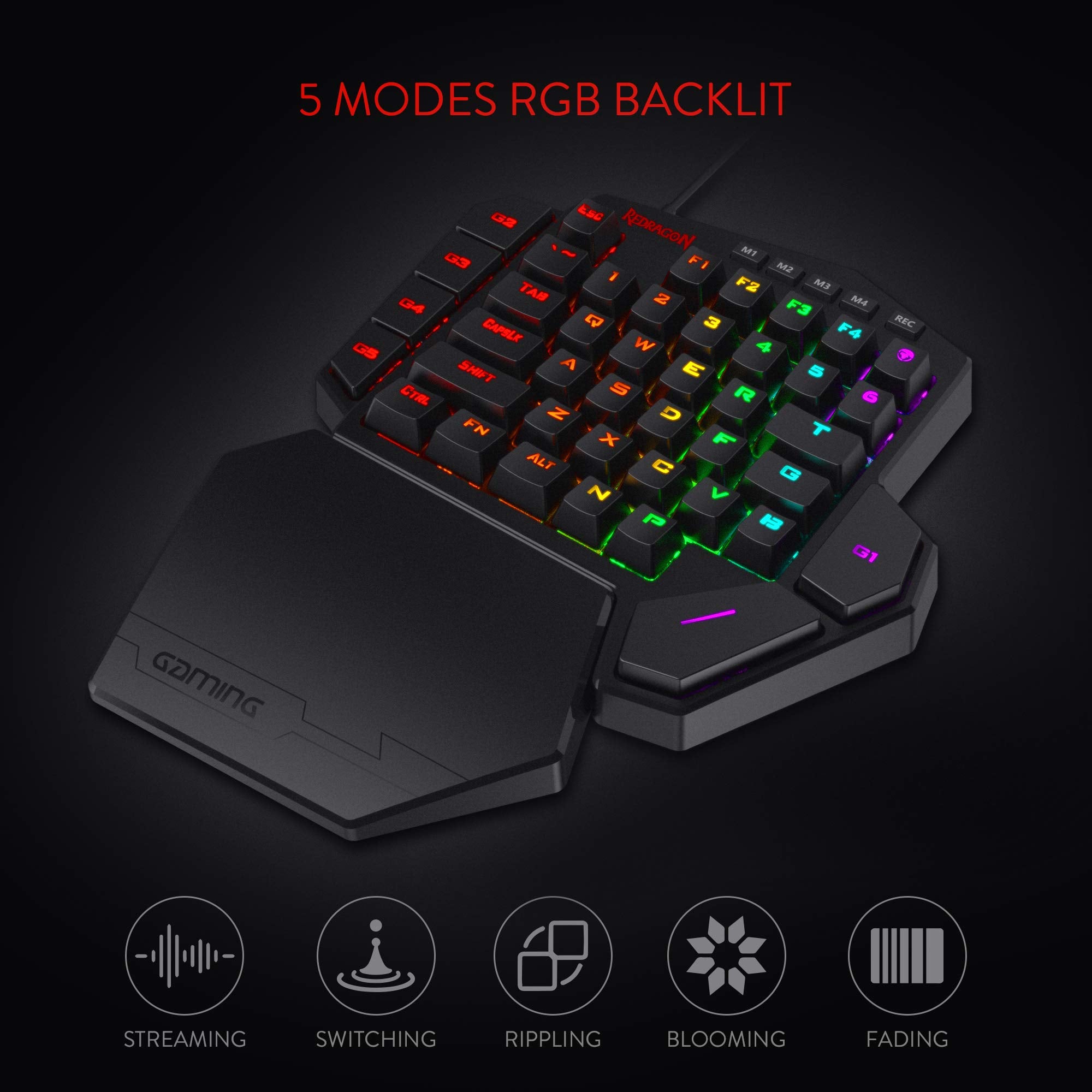 Redragon K585 DITI RGB mechanical keyboard for one hand, 42 keys, USB-C, macros and wristrests.