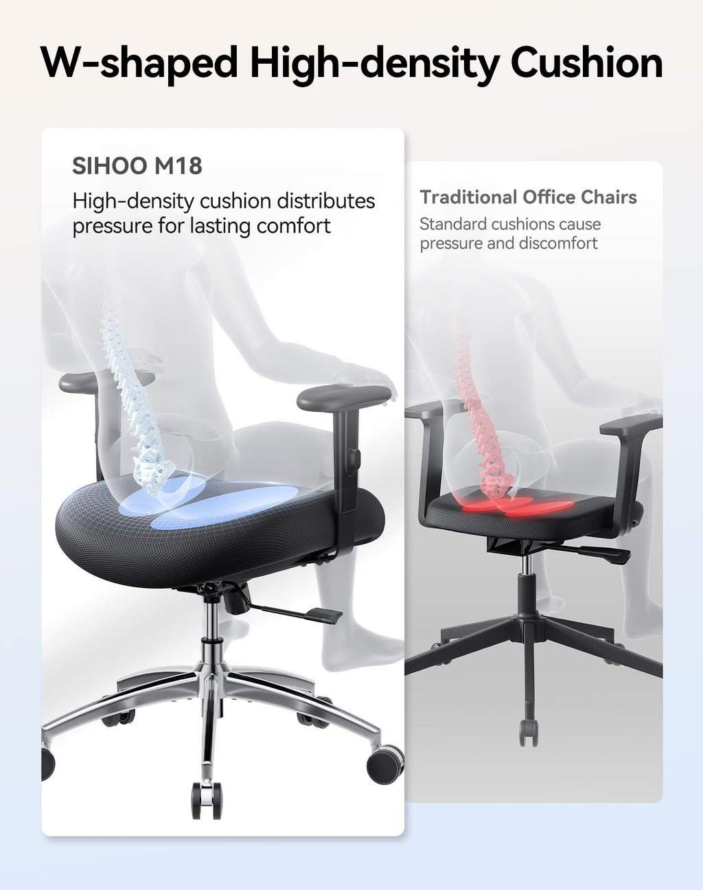 SIHOO M18 Ergonomic Office Chair, High Back Mesh Desk Chair with Adjustable Headrest & Lumbar Support, 330lbs Capacity Computer Chair with 2D Armrests & Wide Cushion, Tilt Lock, for Home Office-Black