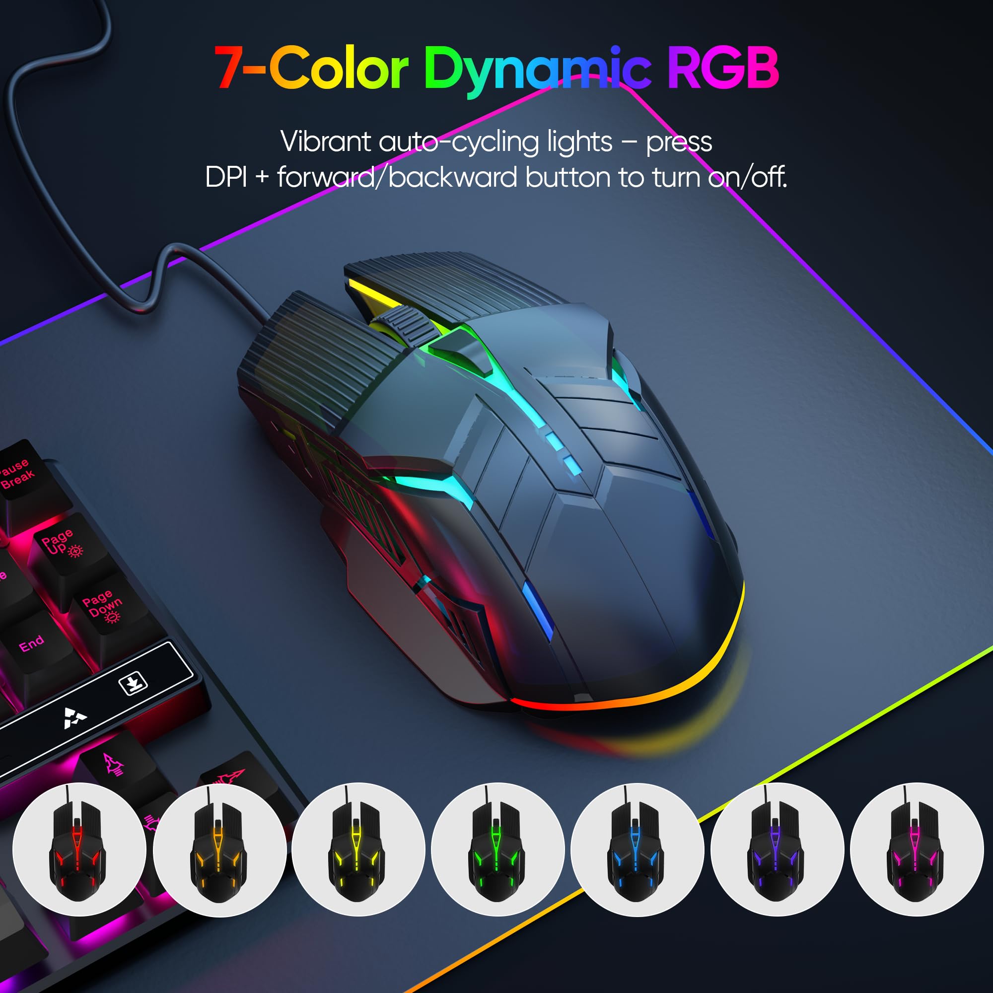 MELOGAGA Wired Gaming Mouse - Lightweight USB Optical Computer Mice with 7-Color RGB LED Lights, 4 Adjustable DPI (1200-3200), 6 Buttons, Ergonomic Design for Windows (S800-Black)