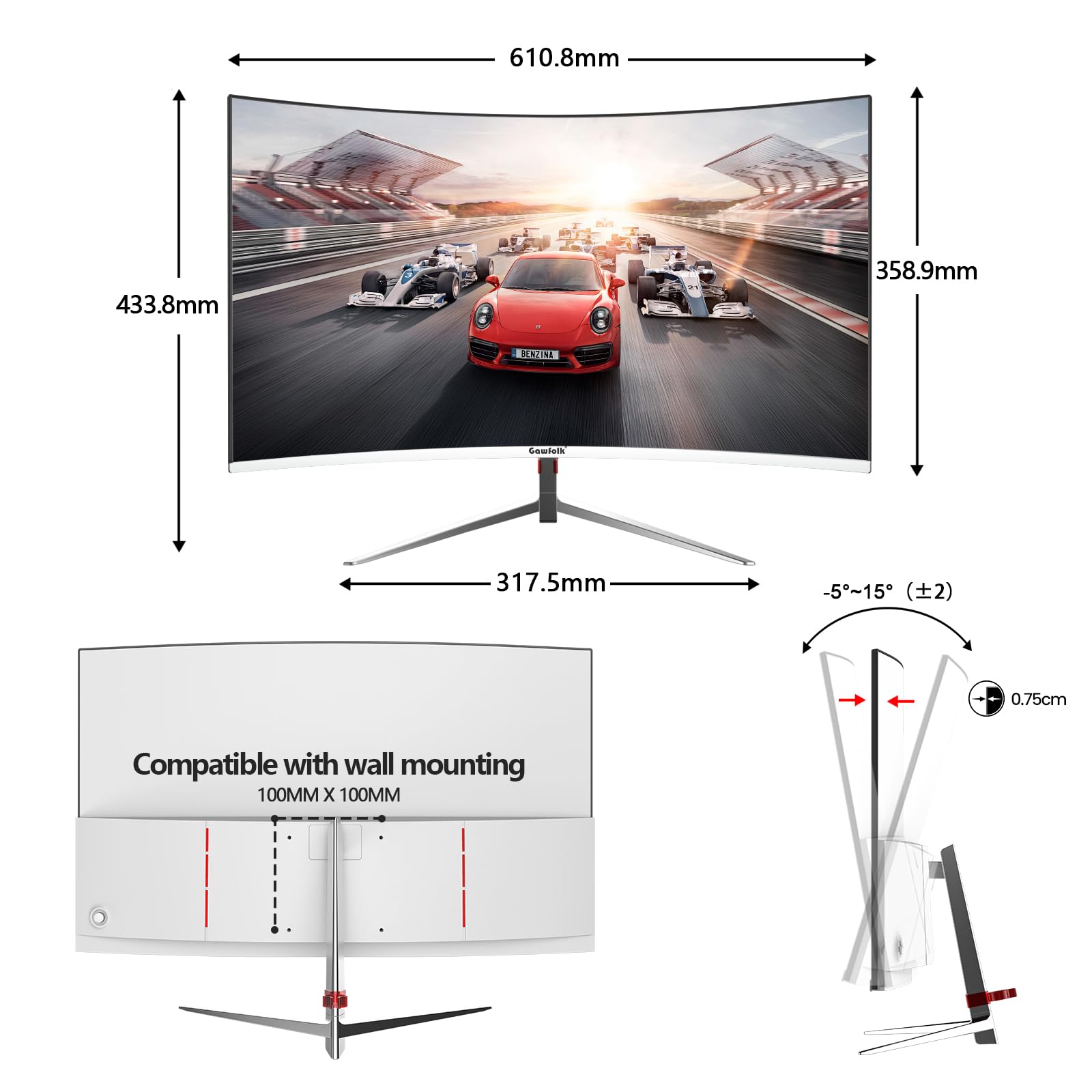 Gawfolk 27 Inch PC Computer Screen,1800R Curved Gaming 180Hz Monitors, FHD1080p 1ms Without Bezel, freesync, 98% sRGB,178 ° Angle View HDMI DisplayPort, Compatible with Wall-Mounted100*100MM-White