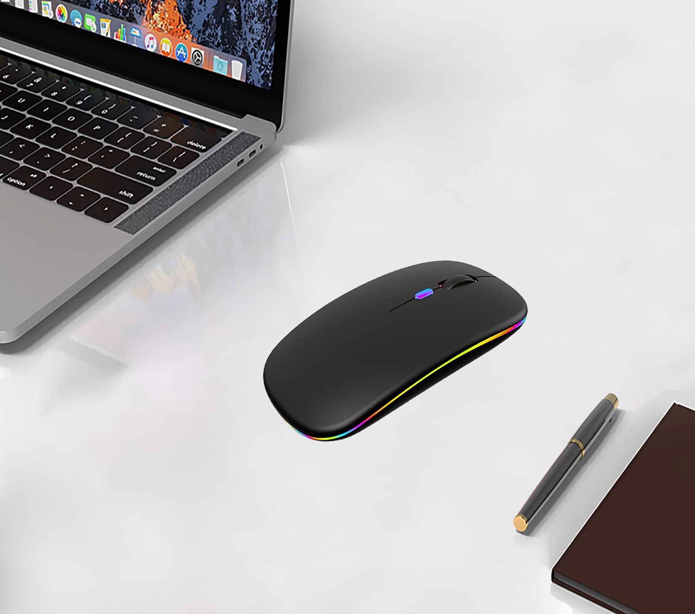 WREANU Wireless Bluetooth Mouse Rechargeable Laptop Mice with LED Lights Silent Slim Use(BT5.2 and 2.4G Portable USB) Dual Mode Computer Mouse for Laptop/iPad/Tablet/Apple/Computer/Mac (Black)