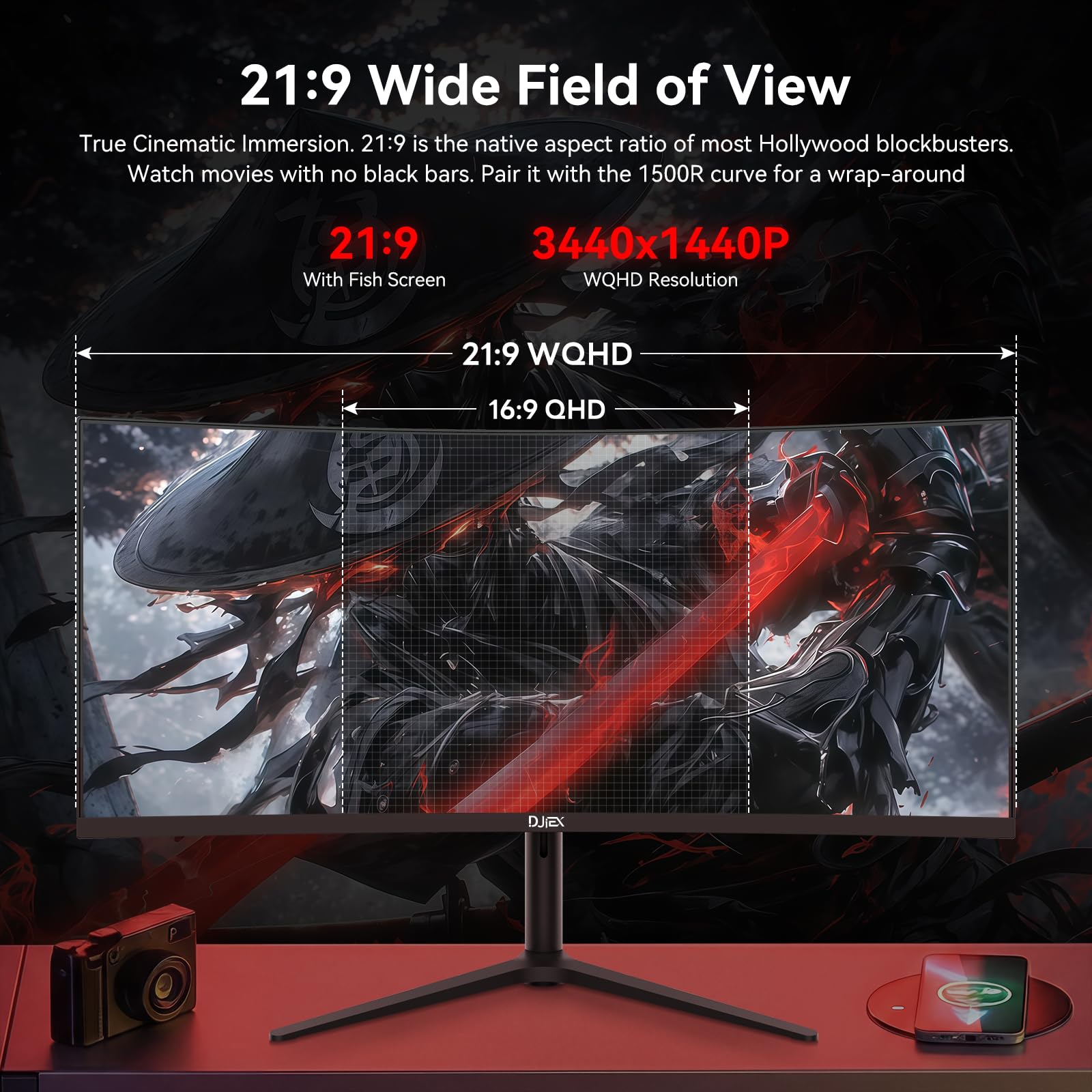 DJiEX 34 Inch Curved Gaming Computer Monitor with 180Hz Refresh Rate, WQHD 3440x1440, 127% sRGB, FreeSync,1500R Curvature & 178° Viewing Angle, Height Adjustable Base for Gaming, Business