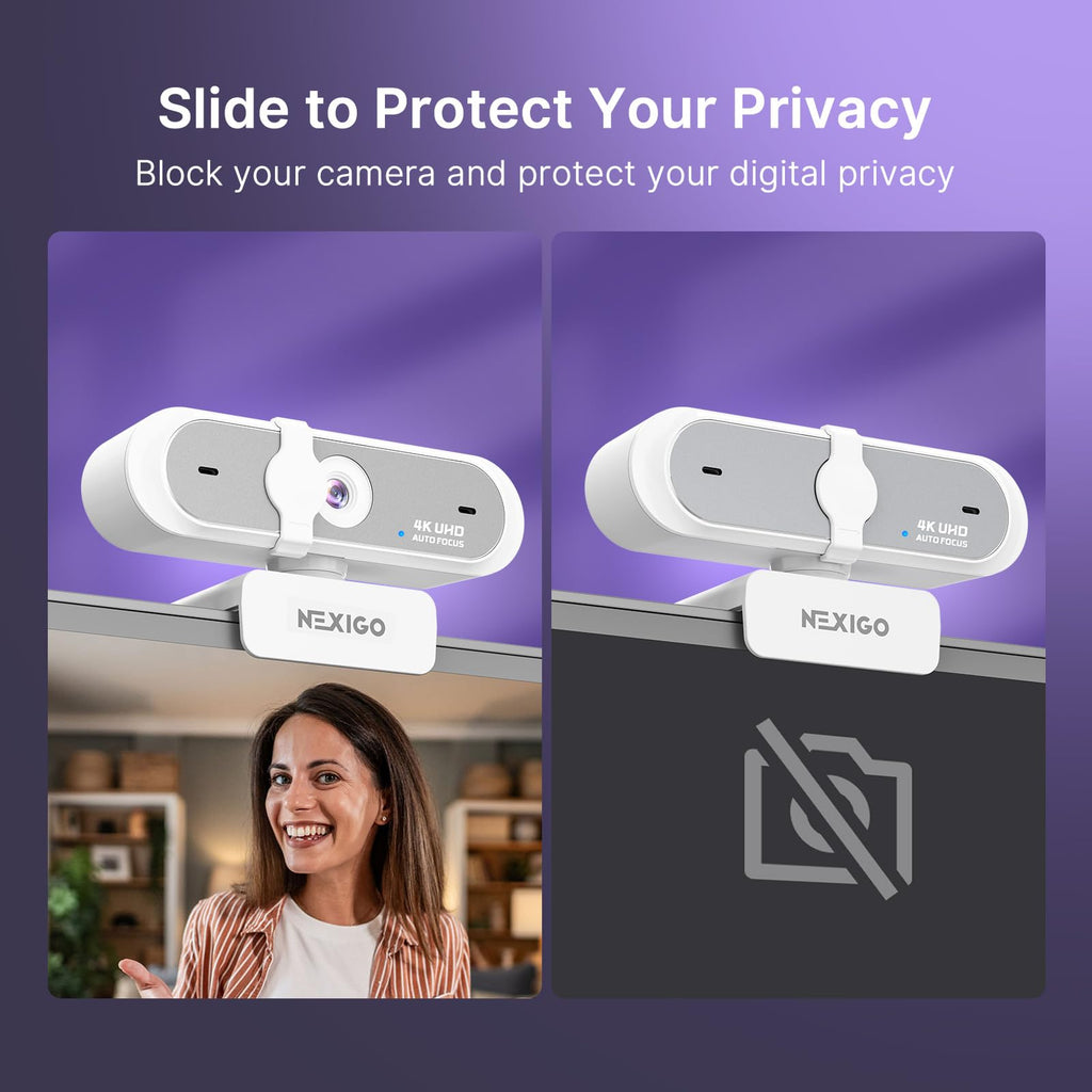 NexiGo N660P Pro 4K with autofocus, 1080p 60 FPS, microphones with noise reduction and white privacy