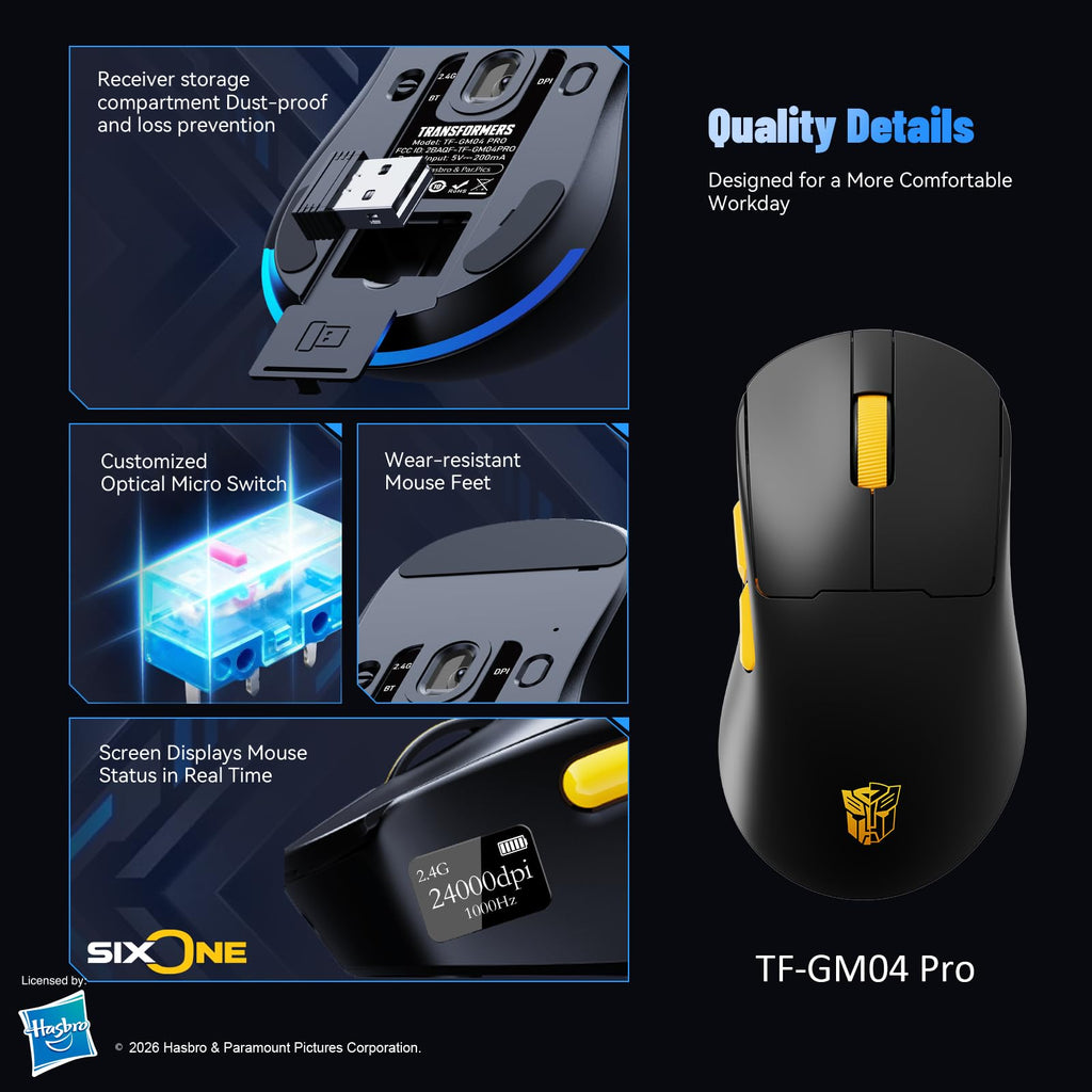 Transformers Gaming Mouse GM04 Pro, Wireless Gaming Mouse Tri-Mode Bluetooth/2.4G/Wired, 53g Ultra-Light, 24,000 DPI PAW3311 Sensor, RGB, 1000Hz, Rechargeable PC Gaming Mouse (Black)