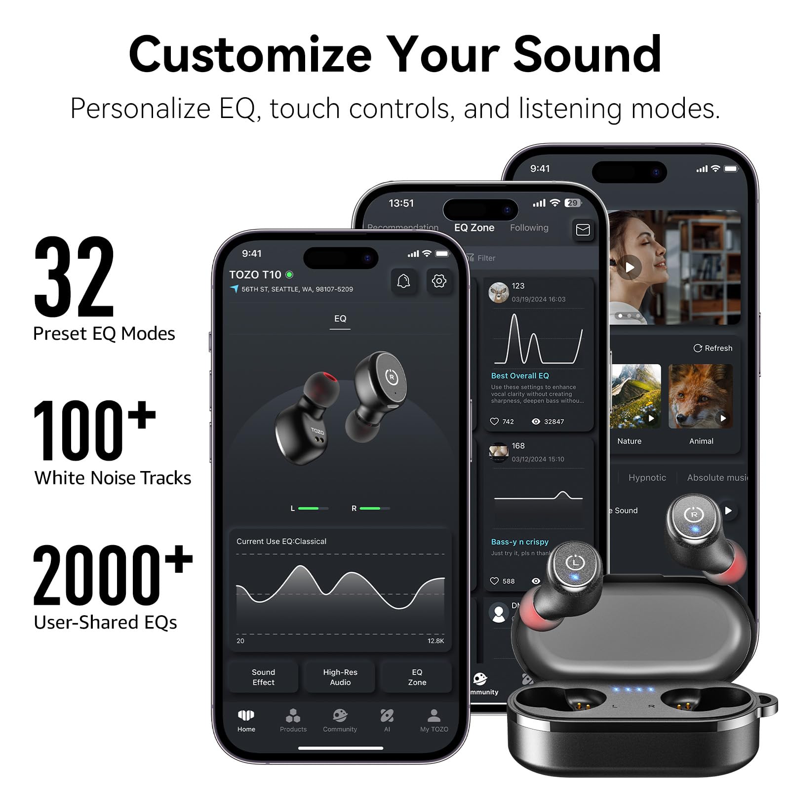 TOZO T10 Wireless Earbuds Bluetooth 5.3 Headphones, App Customize EQ, Ergonomic Design, 55H Playtime, Wireless Charging Case, IPX8 Waterproof Sound in-Ear Headset, New Version