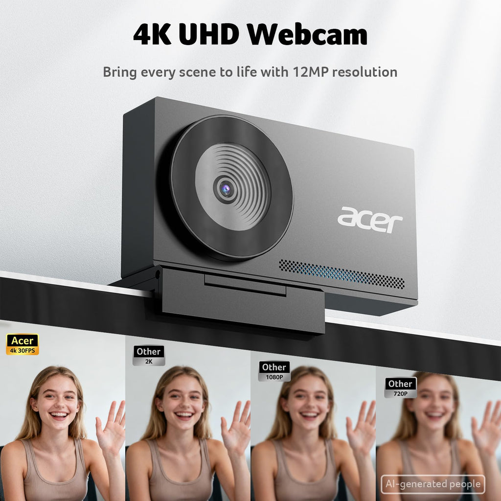 Acer 4K Webcam for PC/Mac with All-Metal Unibody Sculpted, Sony 1/2" Sensor, PDAF, 2 Noise Reduction Mics, Privacy Cover, Lightweight, Fast Cooling, Streaming Camera for Live Meeting Commerce Gaming