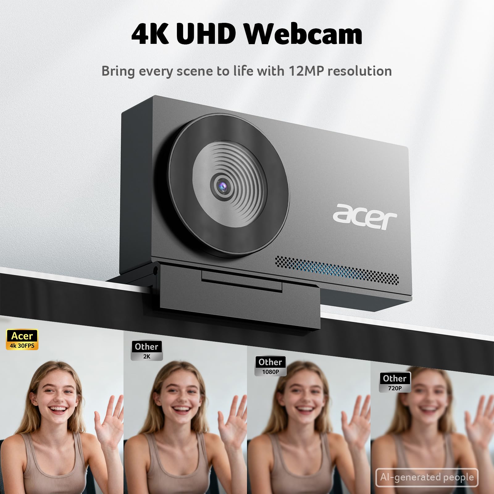 Acer 4K Webcam for PC/Mac with All-Metal Unibody Sculpted, Sony 1/2" Sensor, PDAF, 2 Noise Reduction Mics, Privacy Cover, Lightweight, Fast Cooling, Streaming Camera for Live Meeting Commerce Gaming