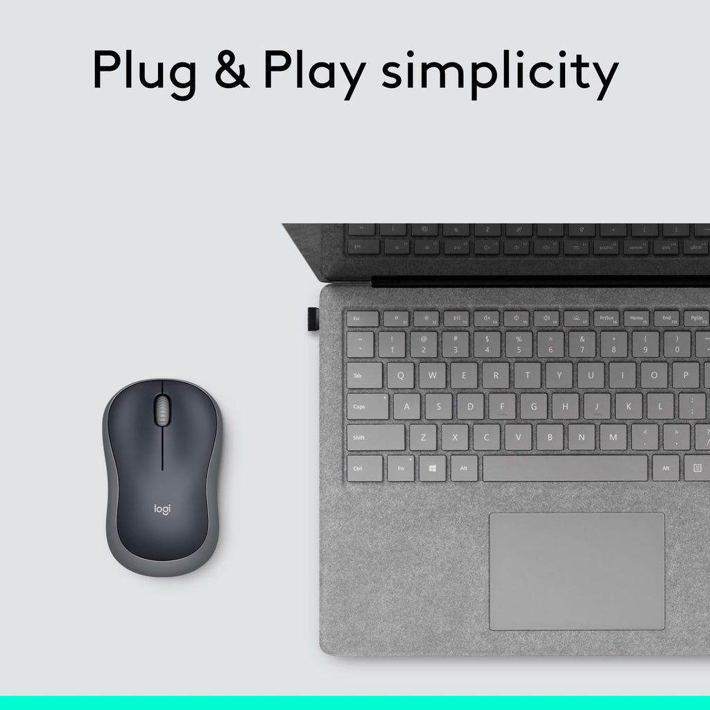 Logitech M185 Wireless Mouse, 2.4GHz with USB Mini Receiver, 12-Month Battery Life, 1000 DPI Optical Tracking, Ambidextrous, Compatible with PC, Mac, Laptop - Swift Grey