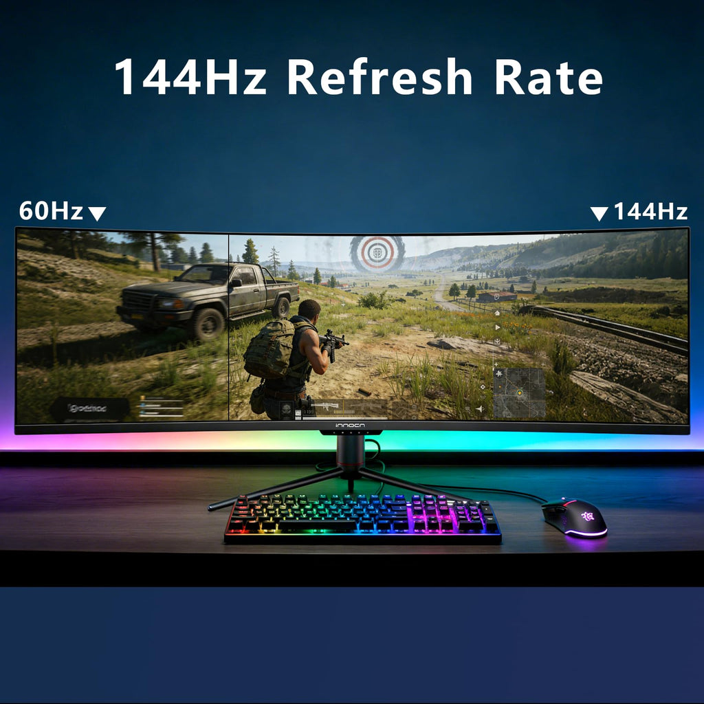 INNOCN 49" Curved Ultrawide WFHD 3840 x 1080P 144Hz 32:9 Monitor, Screen Split PIP PBP for Workflow/Gaming, R1800, HDR400, USB C, DisplayPort, HDMI, Speakers, Adjustable, Black (HDMI+DP Cable)