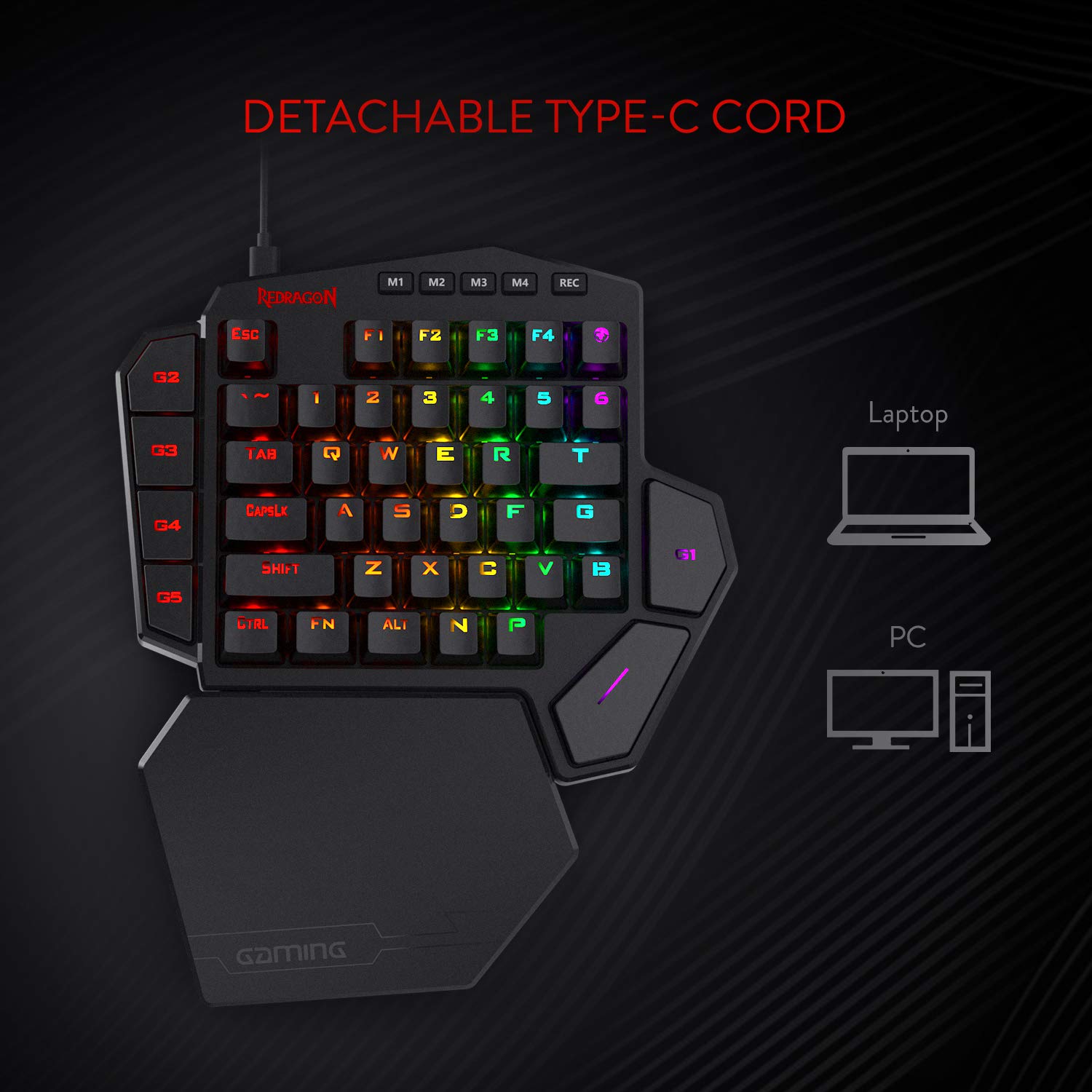 Redragon K585 DITI RGB mechanical keyboard for one hand, 42 keys, USB-C, macros and wristrests.