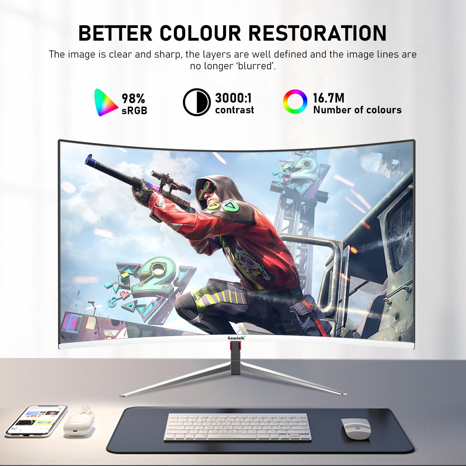 Gawfolk 27 Inch PC Computer Screen,1800R Curved Gaming 180Hz Monitors, FHD1080p 1ms Without Bezel, freesync, 98% sRGB,178 ° Angle View HDMI DisplayPort, Compatible with Wall-Mounted100*100MM-White