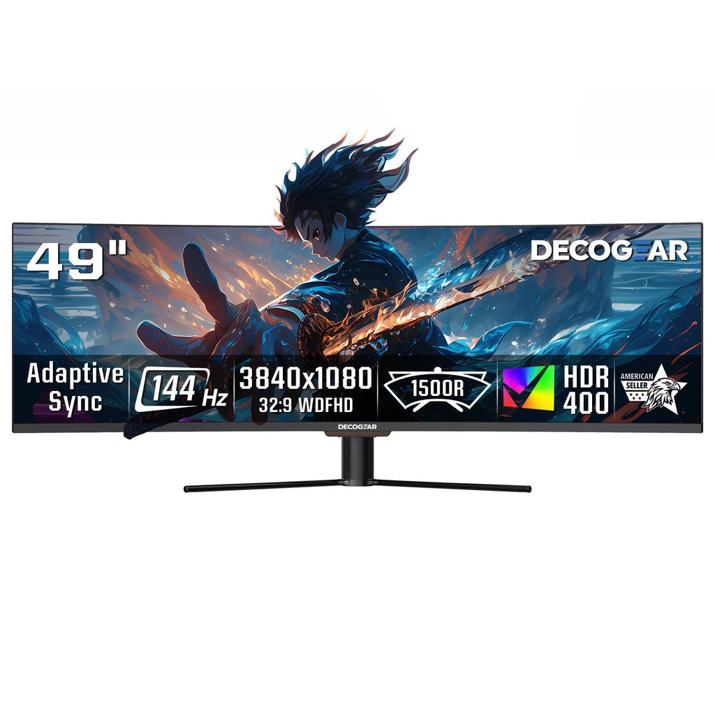 Deco Gear 49 Inch Curved Monitor, 3840x1080 Ultrawide Gaming WDFHD Screen, 144Hz, 32:9, 3ms, 3000:1 VA Display, HDR400, Adaptive Sync, USB-C 65W, HDMI, PIP/PBP, KVM, 1800R, Office & Workstation Setup