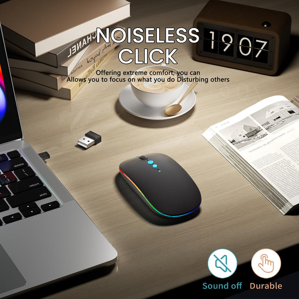 Halpilt LED Wireless Mouse A100S Rechargeable Portable Silent Mouse with Optional USB and Type-C Receiver 3-Speed Adjustable DPI for PC/Mac/Laptop (Frosted Black)