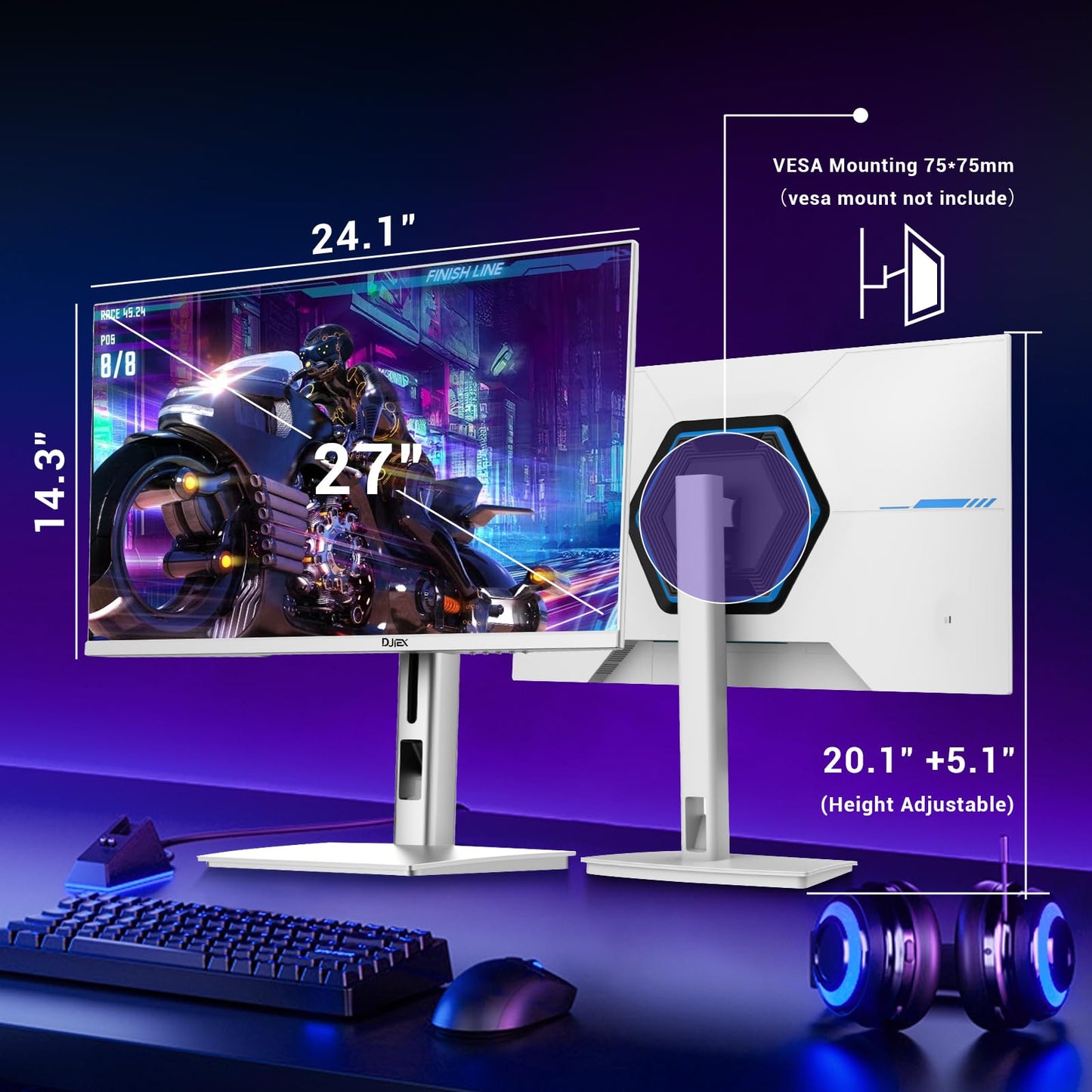 DJiEX 27 Inch 320Hz Gaming Monitor, 2K QHD 2560 x 1440P IPS Computer Display, HDR10, FreeSync, Height/Swivel/Tilt Adjustable Ergonomic Stand, 2*HDMI/2*DP, VESA Mountable, White
