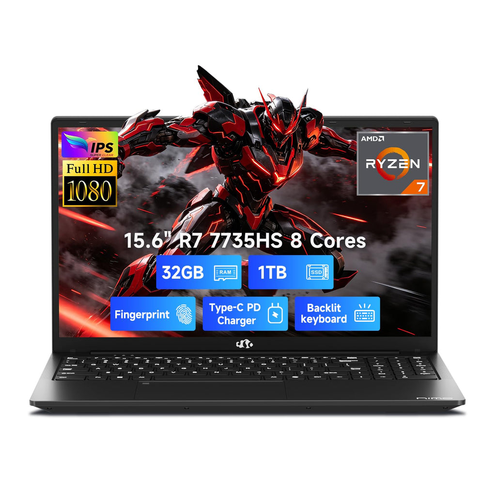 Nimo Laptop Computer, AMD Ryzen 7 7735HS (8C/16T, Beats i7-12700H), 32GB DDR5 RAM 1TB NVMe SSD, 15.6" FHD IPS, Backlit Keyboard Fingerprint Win 11, Business Laptop for College Students & Gaming