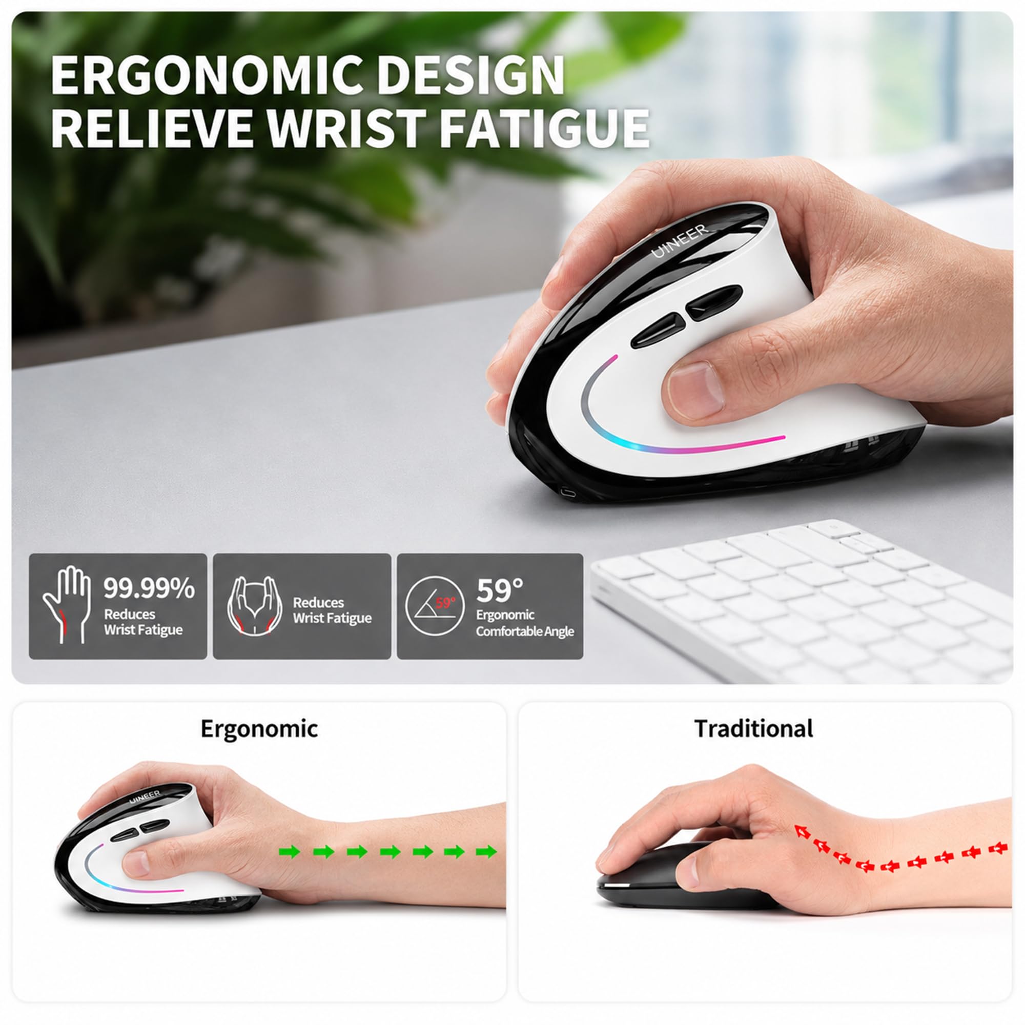 Uineer Ergonomic Wireless Vertical Mouse, Tri-Mode Bluetooth 5.0/4.0 and 2.4G USB, Rechargeable Silent Computer Mouse for Laptop, MacBook, iPad and PC, 4 DPI Levels, LED Light, 3-Device Switching