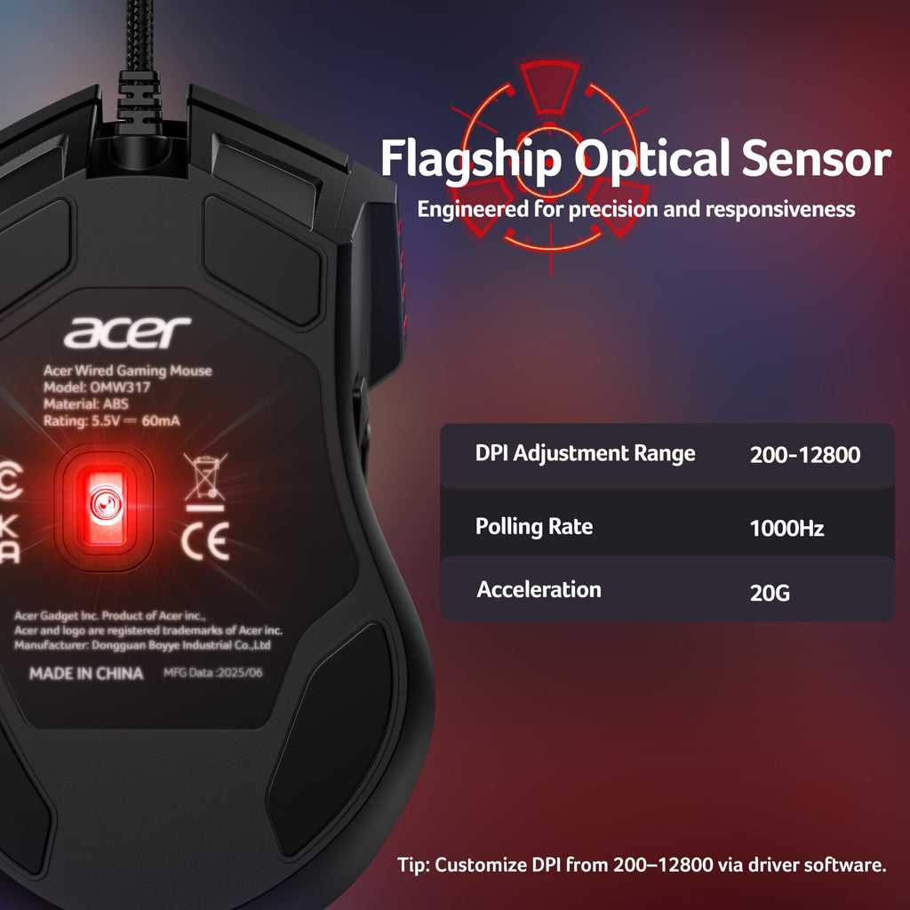acer Wired Gaming Mouse, 12,800 DPI RGB Ergonomic Computer Mouse with Optical Sensor, 8 Programmable Buttons, 12 Backlit Modes, Software for DIY Keybinds, Rapid Fire, USB Gaming Mice for Laptop, PC
