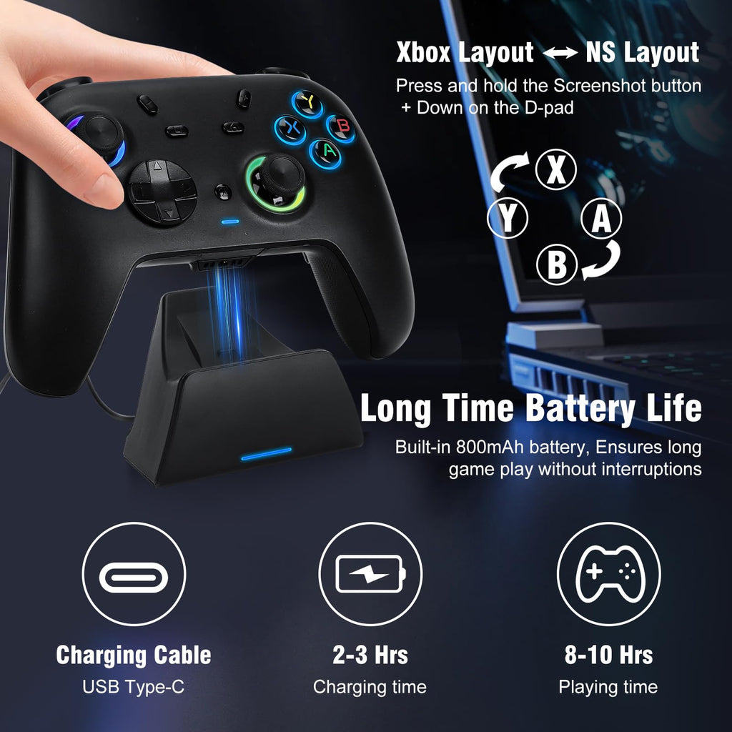 DuLingKer PC Controller, Wireless Game Controller for Windows PC/Switch/Switch 2/Steam/Android, PC Gamepad with Charging Dock, Hall Effect Joystick and Trigger(No Drift), RGB, M1/M2 Buttons, Vibration