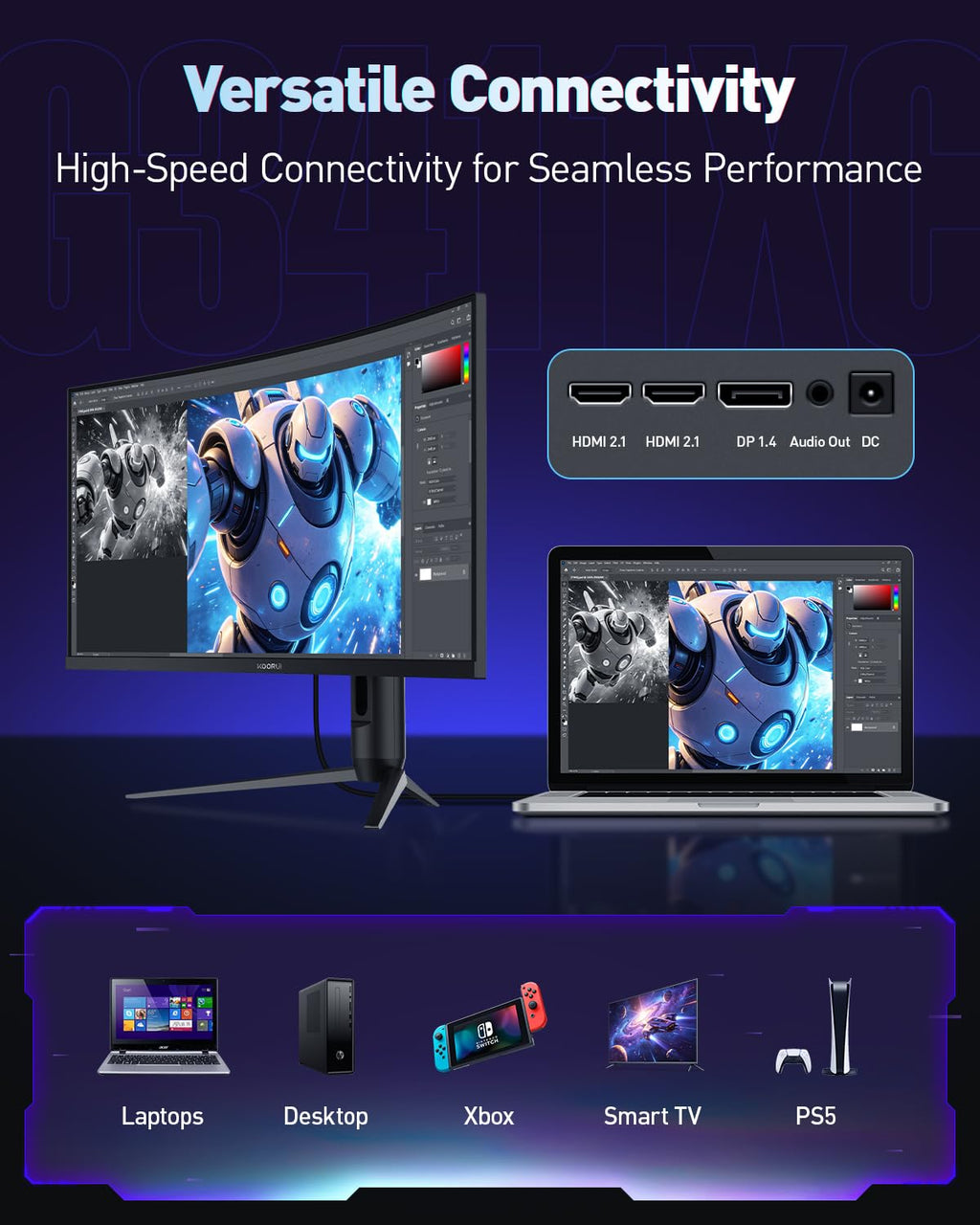 KOORUI 34" Ultrawide Curved Gaming Monitor, 240Hz, WQHD 3440×1440, 1500R Immersive Display, Adaptive Sync, 1ms, DIC-P3 98%, HDR400, HDMI 2.1/DP 1.4, VESA, for PC Gaming, Work & Play