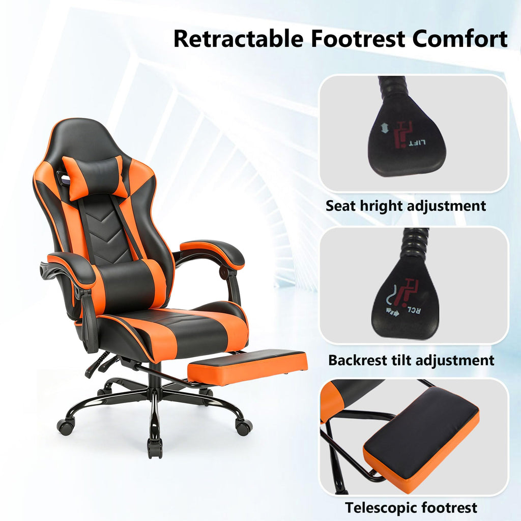 Big and Tall Gaming Chair with Footrest, Ergonomic Computer Desk Chair with Lumbar Support & Headrest, High Back PU Leather Gaming Office Chair, Reclining Swivel Task Chair for Office or Gaming