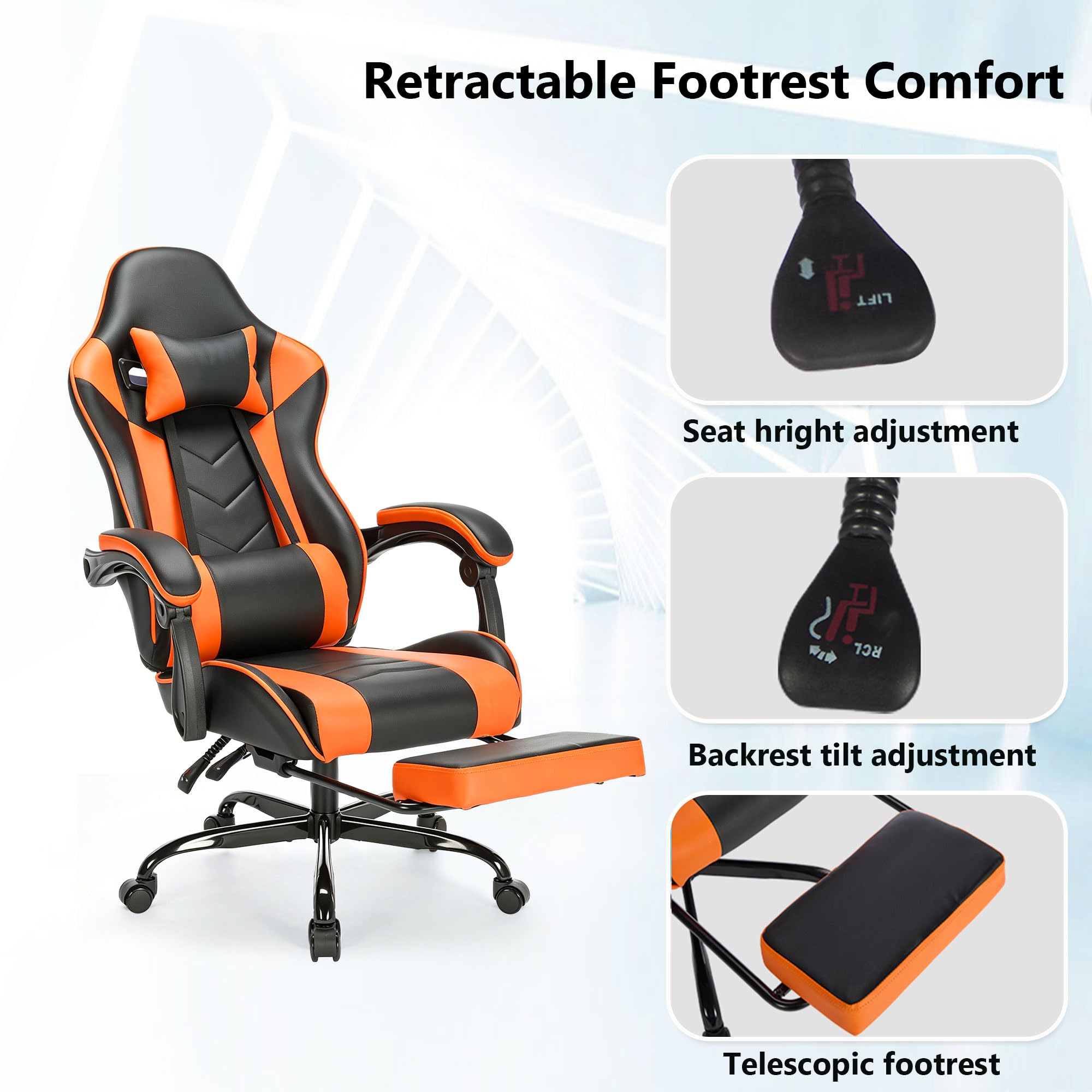 Big and Tall Gaming Chair with Footrest, Ergonomic Computer Desk Chair with Lumbar Support & Headrest, High Back PU Leather Gaming Office Chair, Reclining Swivel Task Chair for Office or Gaming