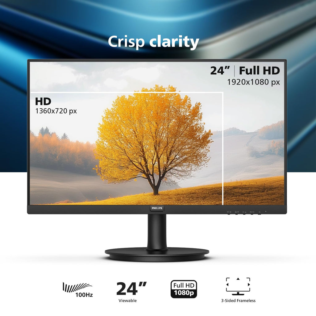 Philips 24 inch 100Hz Computer Monitor, Frameless Full HD (1920 x 1080), VESA, HDMI x1, VGA Port x1, Eye Care, 4 Year Advance Replacement Warranty, 241V8LB