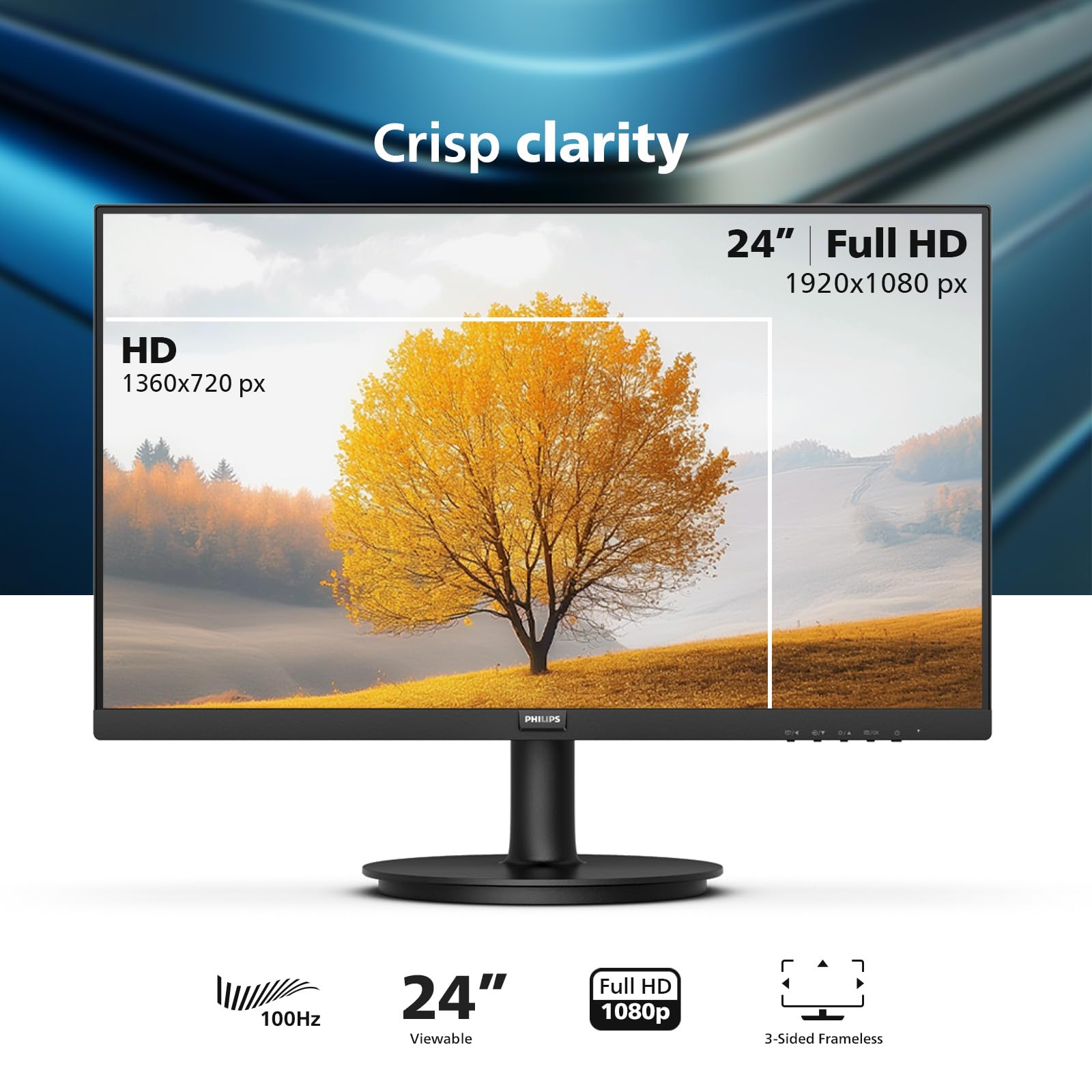 Philips 24 inch 100Hz Computer Monitor, Frameless Full HD (1920 x 1080), VESA, HDMI x1, VGA Port x1, Eye Care, 4 Year Advance Replacement Warranty, 241V8LB