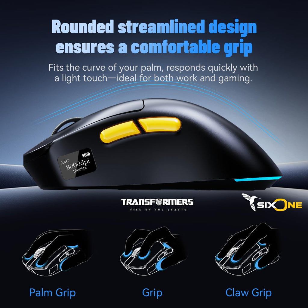 Transformers Gaming Mouse GM04 Pro, Wireless Gaming Mouse Tri-Mode Bluetooth/2.4G/Wired, 53g Ultra-Light, 24,000 DPI PAW3311 Sensor, RGB, 1000Hz, Rechargeable PC Gaming Mouse (Black)
