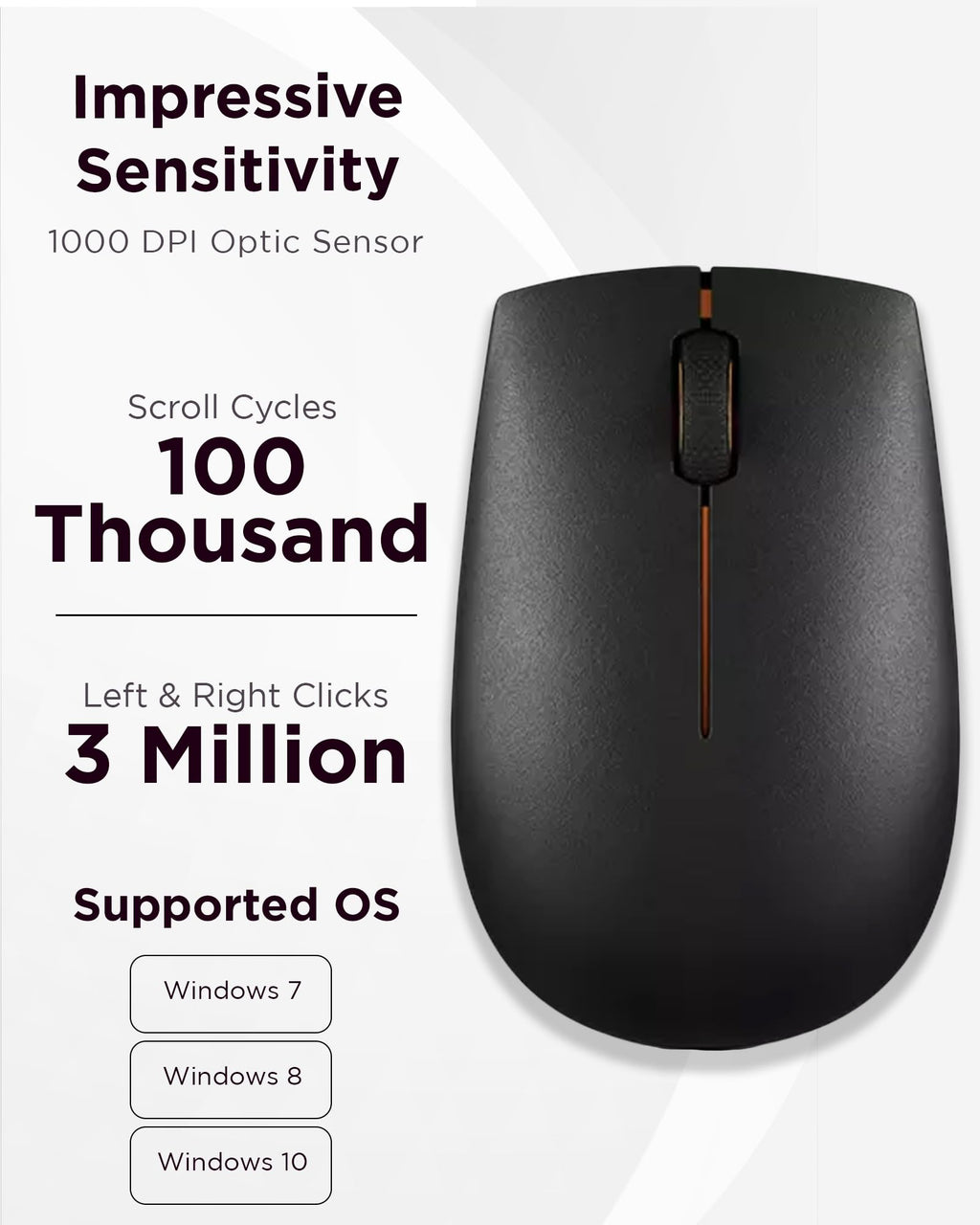 Lenovo 300 Wireless Mouse, Black, Computer Mouse for PC and Laptop with Windows, Ambidextrous Design, 2.4 GHz Nano USB Receiver, 12 Month Battery Life