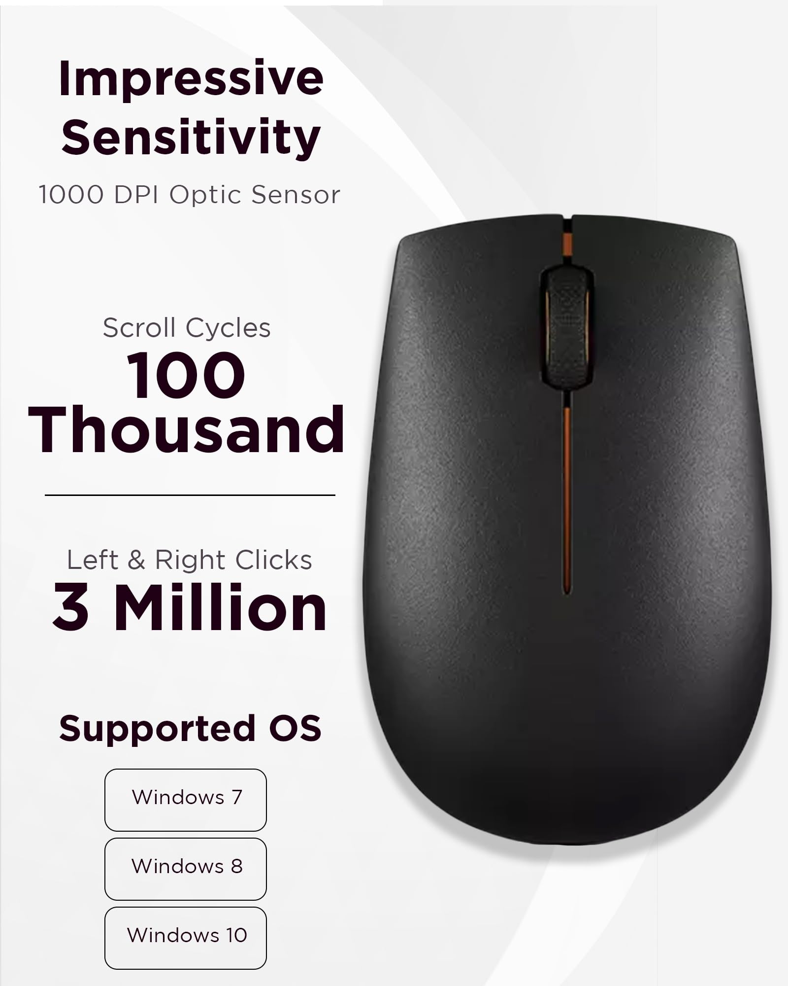 Lenovo 300 Wireless Mouse, Black, Computer Mouse for PC and Laptop with Windows, Ambidextrous Design, 2.4 GHz Nano USB Receiver, 12 Month Battery Life