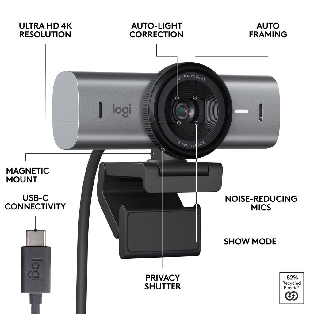 Logitech MX Brio 4K - Ultra HD Webcam for streaming and video calls, with 1080p at 60 FPS, Show Mode and compatibility with Zoom, Teams, Meet and Nintendo Switch 2. Graphite color.