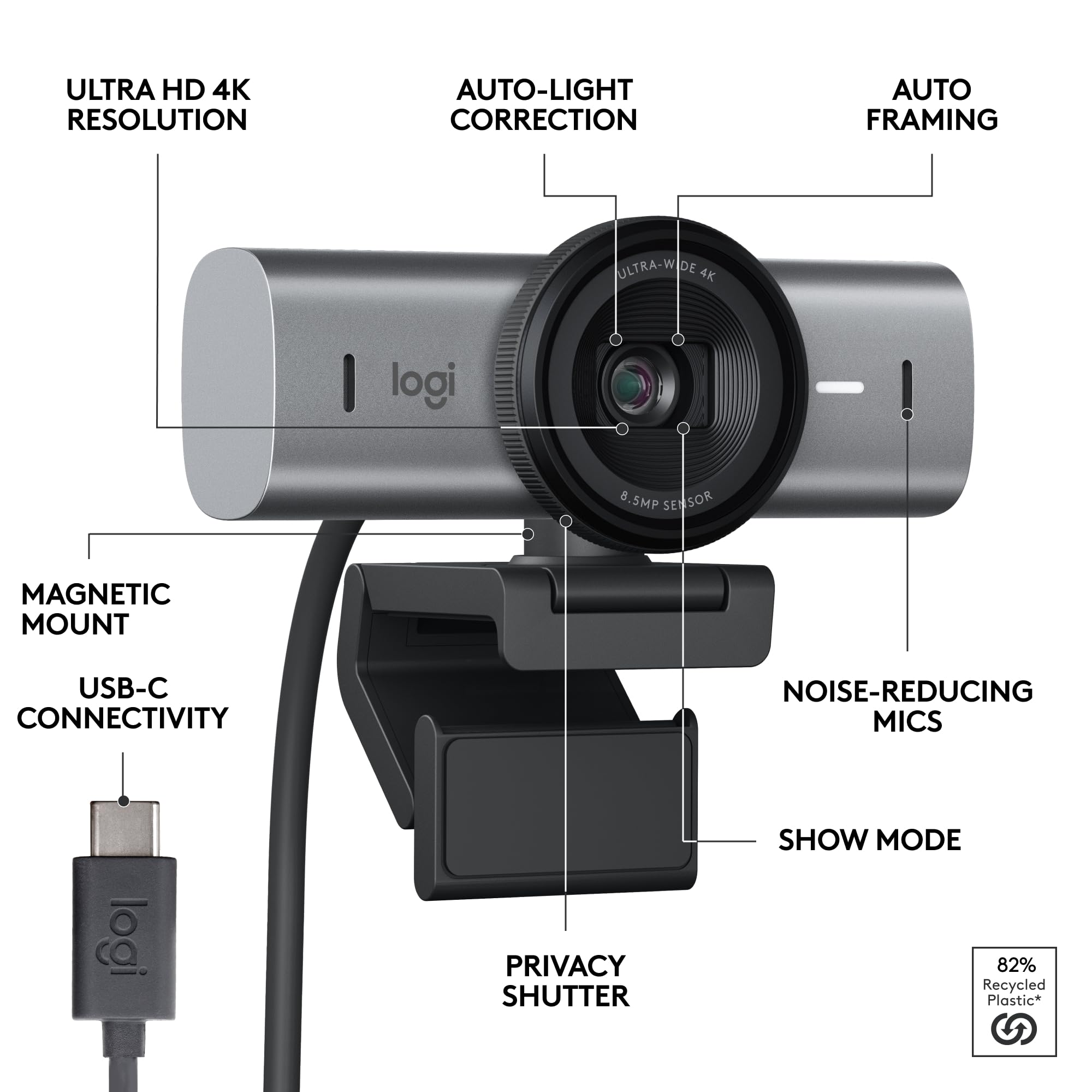 Logitech MX Brio 4K - Ultra HD Webcam for streaming and video calls, with 1080p at 60 FPS, Show Mode and compatibility with Zoom, Teams, Meet and Nintendo Switch 2. Graphite color.