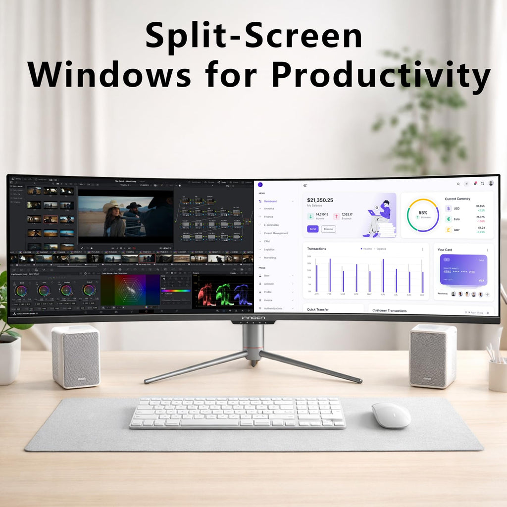 INNOCN 49" Curved Ultrawide WFHD 3840 x 1080P 144Hz 32:9 Monitor, Screen Split PIP PBP for Workflow/Gaming, R1800, HDR400, USB C, DisplayPort, HDMI, Speakers, Adjustable, Black (HDMI+DP Cable)