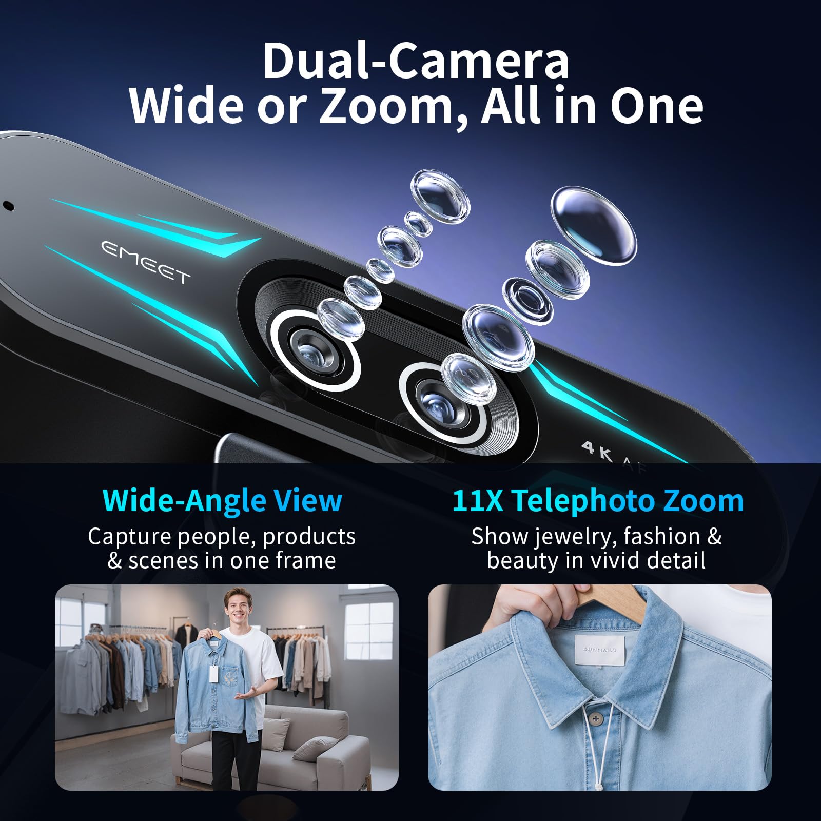 EMEET C60E Dual-Camera 4K Webcam for Streaming, Wide-Angle and Telephoto Cameras, Max 11X Hybrid Zoom & PDAF Autofocus, Remote Control, RGB Lighting, 2 Mics, Ideal for Livestreaming and Online Meeting