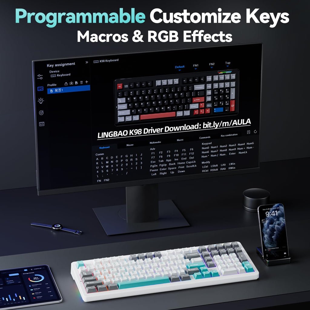 LINGBAO K98 - 96% Mechanical Keyboard Wireless,10000mAh Battery,Wireless Gaming Keyboard BT5.0/2.4G/USB-C, Gasket Hot Swappable,RGB Backlit, Creamy Sounding Keyboards with Number Pad for Win/Mac/PC