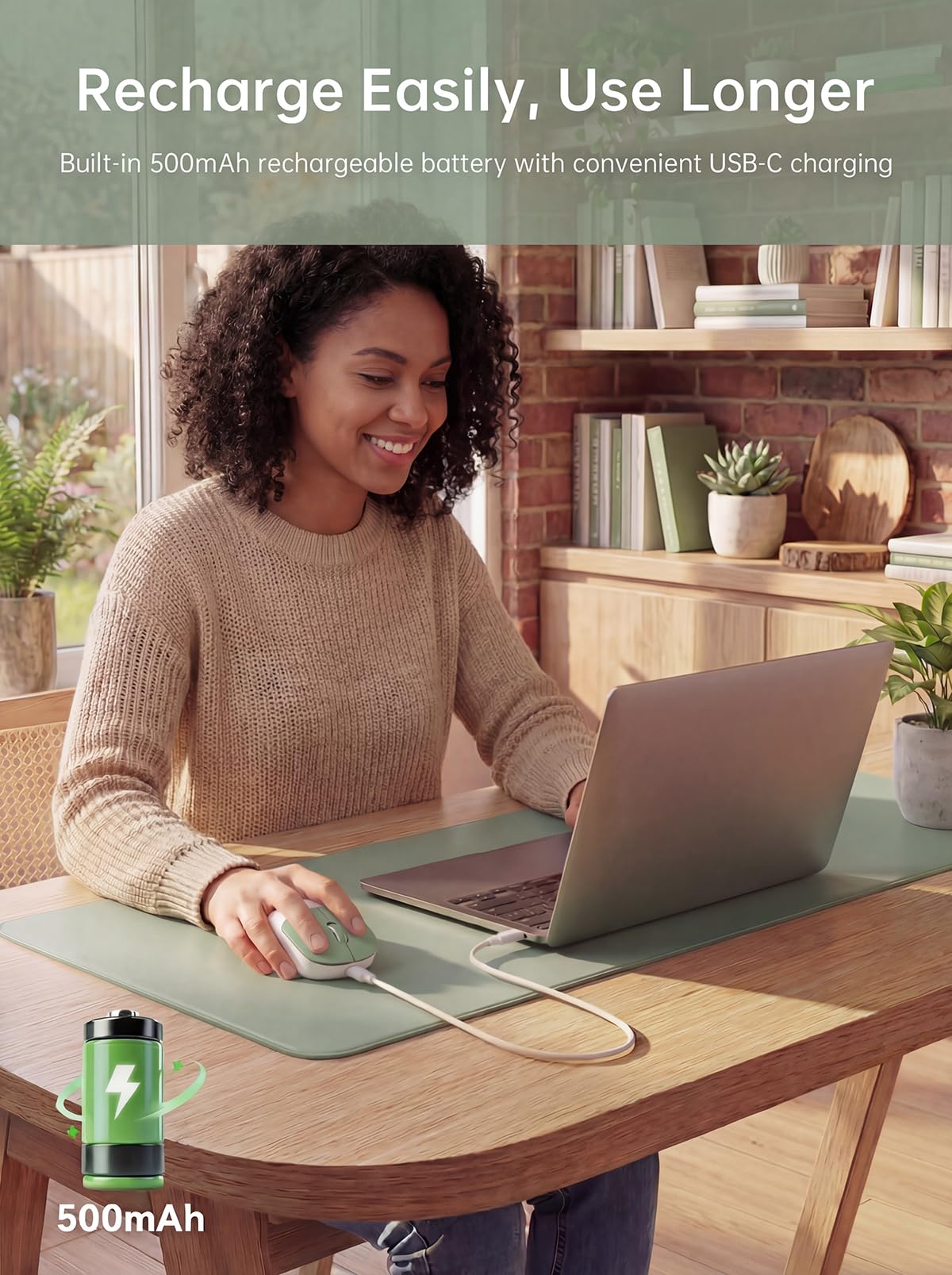 hunart H6 49g Wireless Mouse, Bluetooth & 2.4GHz Rechargeable Mouse, Lightweight Silent Ergonomic Mouse with USB-C Charging, Portable Right-Hand Office Mouse for Laptop, PC, MacBook, Tablet - Green