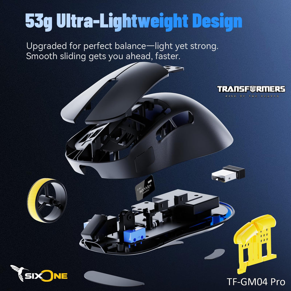 Transformers Gaming Mouse GM04 Pro, Wireless Gaming Mouse Tri-Mode Bluetooth/2.4G/Wired, 53g Ultra-Light, 24,000 DPI PAW3311 Sensor, RGB, 1000Hz, Rechargeable PC Gaming Mouse (Black)