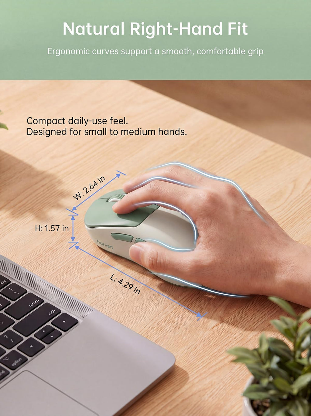 hunart H6 49g Wireless Mouse, Bluetooth & 2.4GHz Rechargeable Mouse, Lightweight Silent Ergonomic Mouse with USB-C Charging, Portable Right-Hand Office Mouse for Laptop, PC, MacBook, Tablet - Green