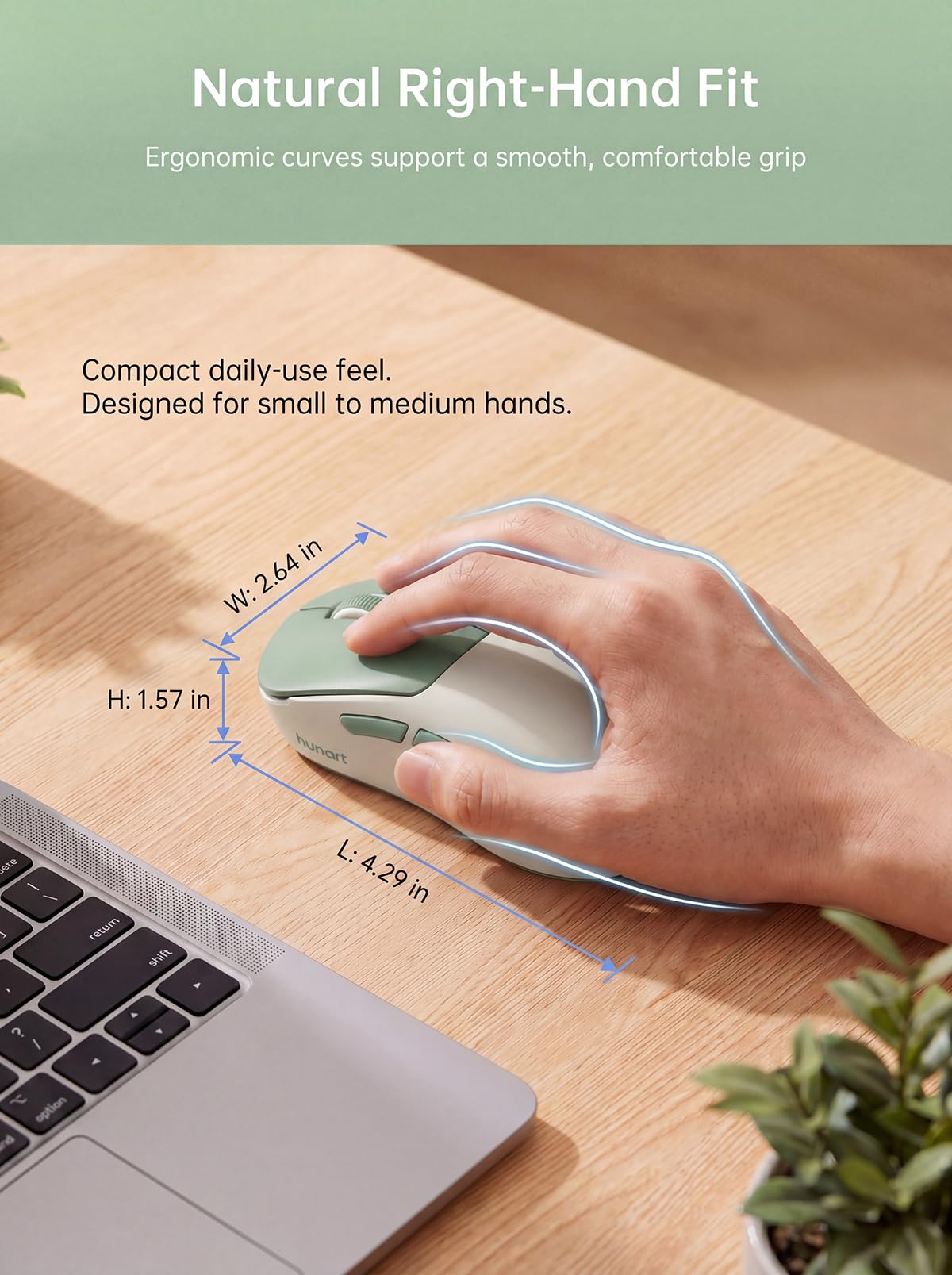 hunart H6 49g Wireless Mouse, Bluetooth & 2.4GHz Rechargeable Mouse, Lightweight Silent Ergonomic Mouse with USB-C Charging, Portable Right-Hand Office Mouse for Laptop, PC, MacBook, Tablet - Green