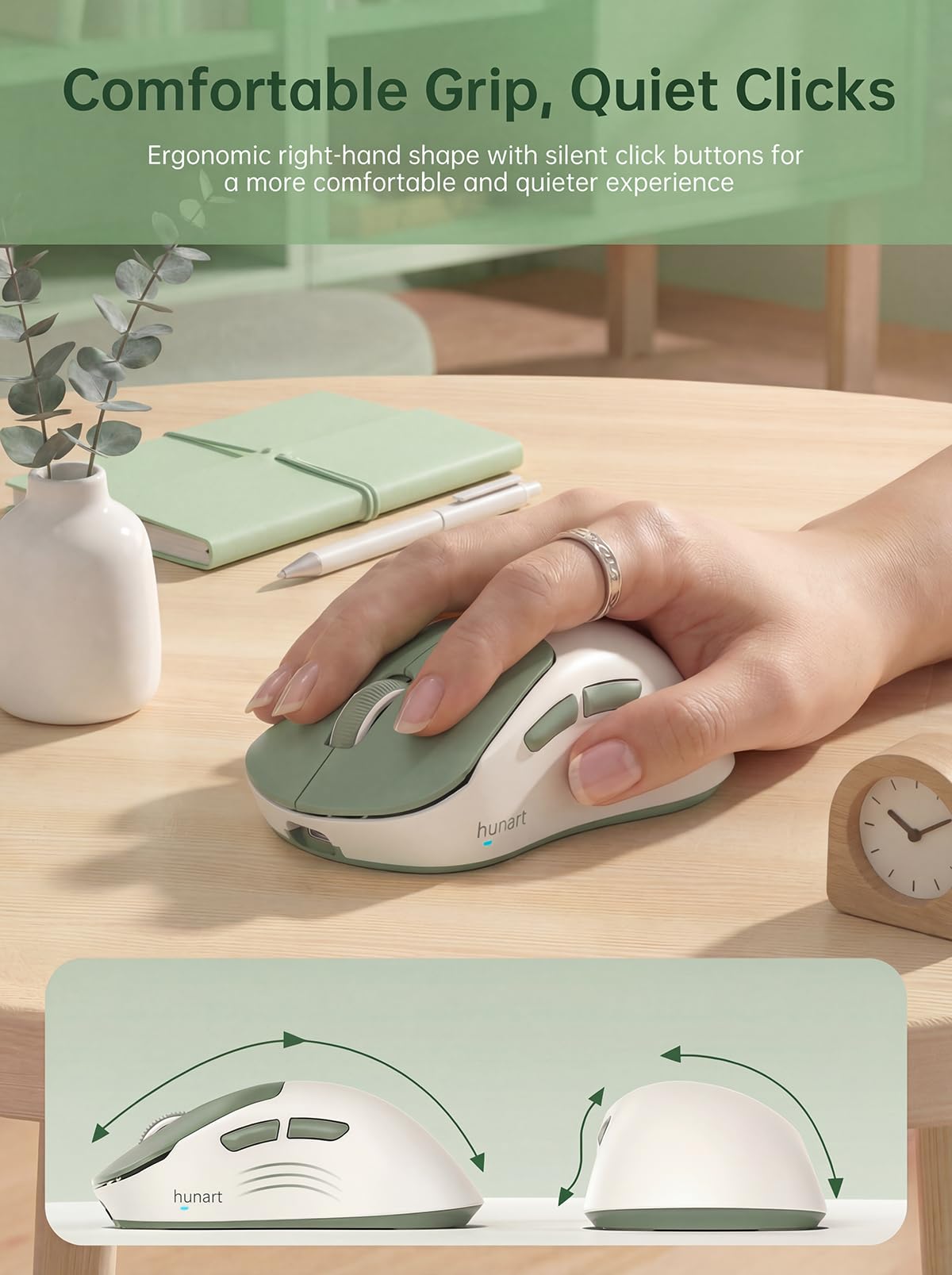 hunart H6 49g Wireless Mouse, Bluetooth & 2.4GHz Rechargeable Mouse, Lightweight Silent Ergonomic Mouse with USB-C Charging, Portable Right-Hand Office Mouse for Laptop, PC, MacBook, Tablet - Green