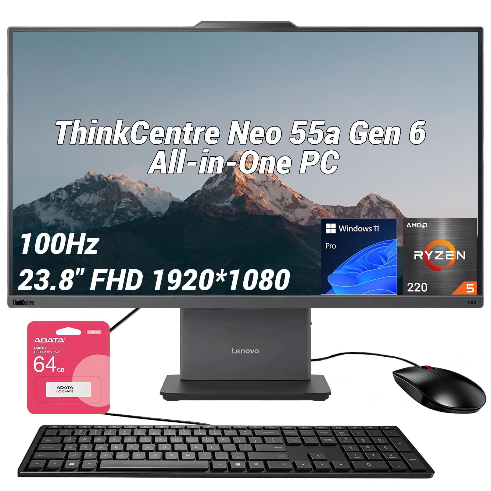 Lenovo ThinkCentre Neo 55a Gen 6 Business All-in-One, 23.8" FHD IPS 100Hz, AMD Ryzen 5 220 Up to 4.9 GHz, 16GB DDR5, 512GB SSD, Wired KB & Mouse, HDMI, 5MP Webcam, Wi-Fi 6, Windows 11 Pro, w/Bundle