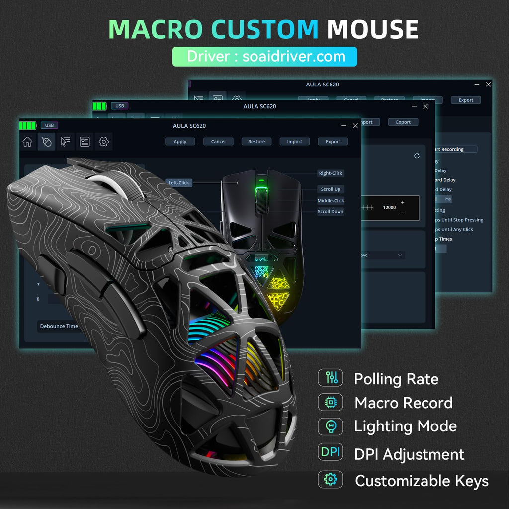Aula SC620 Wireless Gaming Mouse, Tri-Mode 2.4GHz/USB-C/BT5.3 Computer Mouse with 12000 DPI, Programmable Macro Gamer Mouse with Rapid Fire Key, RGB Light Gaming Mice for PC/Laptop/Mac