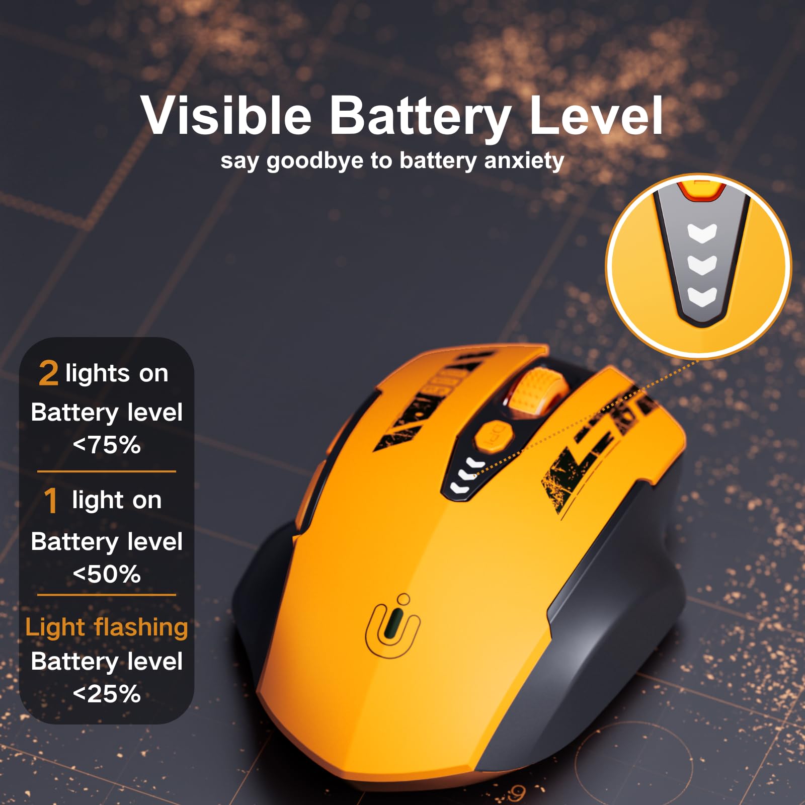 Uineer Wireless Mouse,Upgraded 2.4GHz Rechargeable (Battery Level Visible) Ergonomic Computer Mouse,4 Levels DPI, Wireless Mice for Laptop Computer(Yellow)