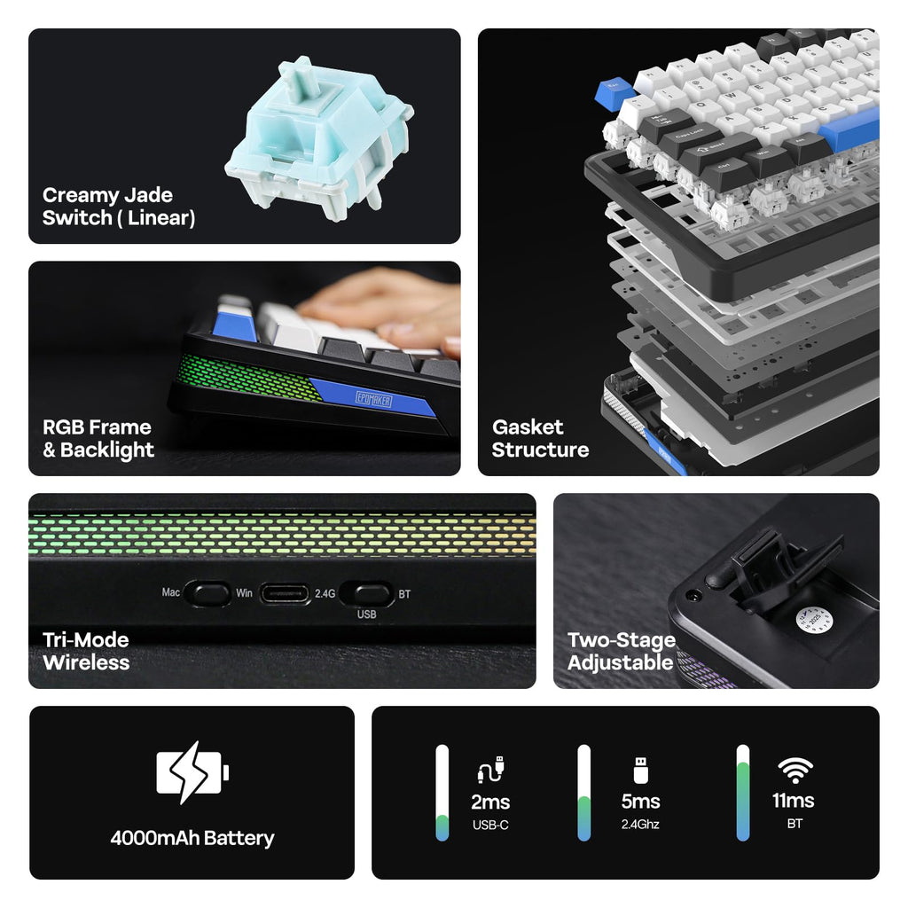 EPOMAKER TH85 QMK/VIA Wireless Gaming Keyboard, BT5.0/2.4GHz/USB-C, Hot Swappable Pre-lubed Custom Creamy Jade Linear Switches, Gasket Creamy Keyboard for PC/Mac/Office/Gaming (Black&White&Blue)