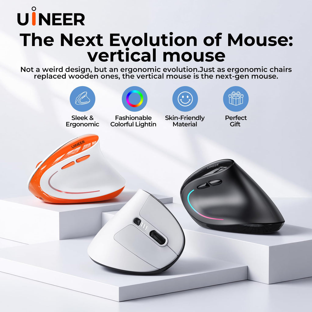 Uineer Ergonomic Wireless Vertical Mouse, Tri-Mode Bluetooth 5.0/4.0 and 2.4G USB, Rechargeable Silent Computer Mouse for Laptop, MacBook, iPad and PC, 4 DPI Levels, LED Light, 3-Device Switching