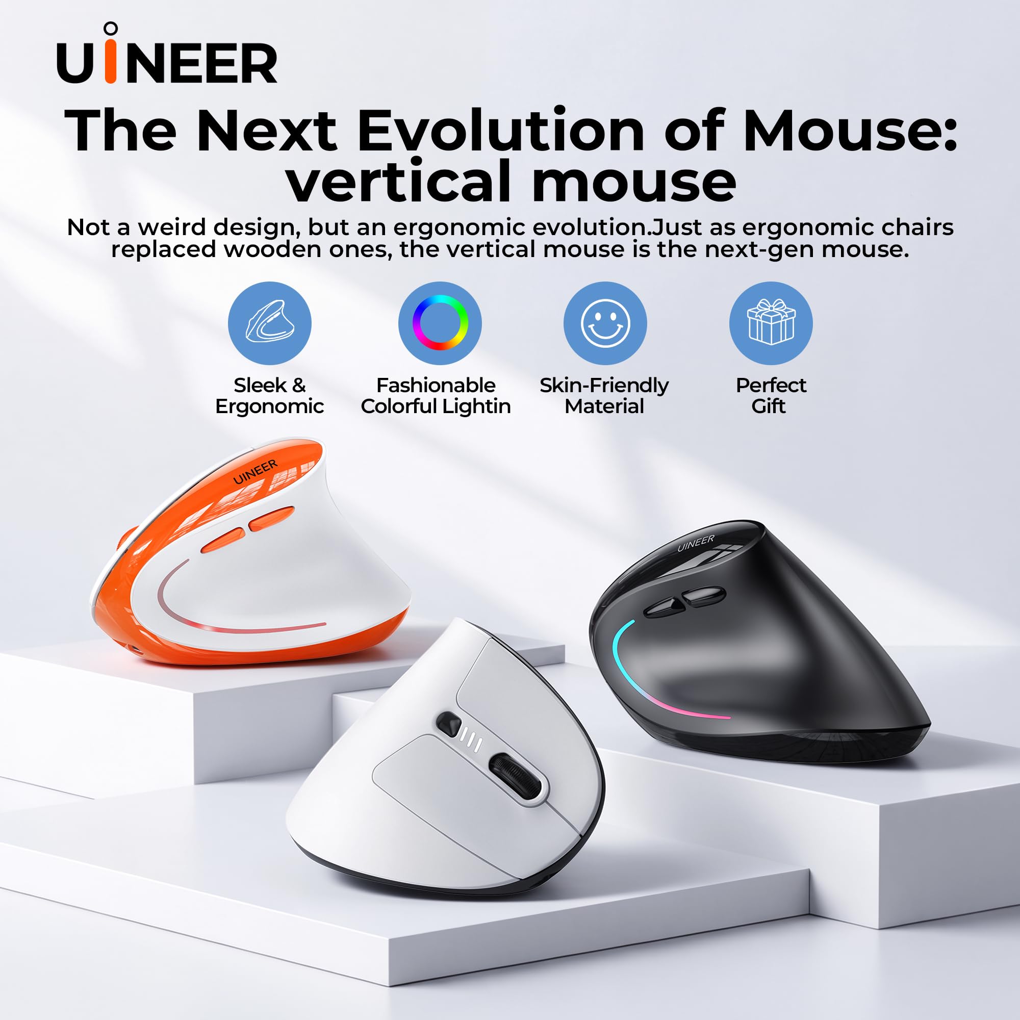 Uineer Ergonomic Wireless Vertical Mouse, Tri-Mode Bluetooth 5.0/4.0 and 2.4G USB, Rechargeable Silent Computer Mouse for Laptop, MacBook, iPad and PC, 4 DPI Levels, LED Light, 3-Device Switching